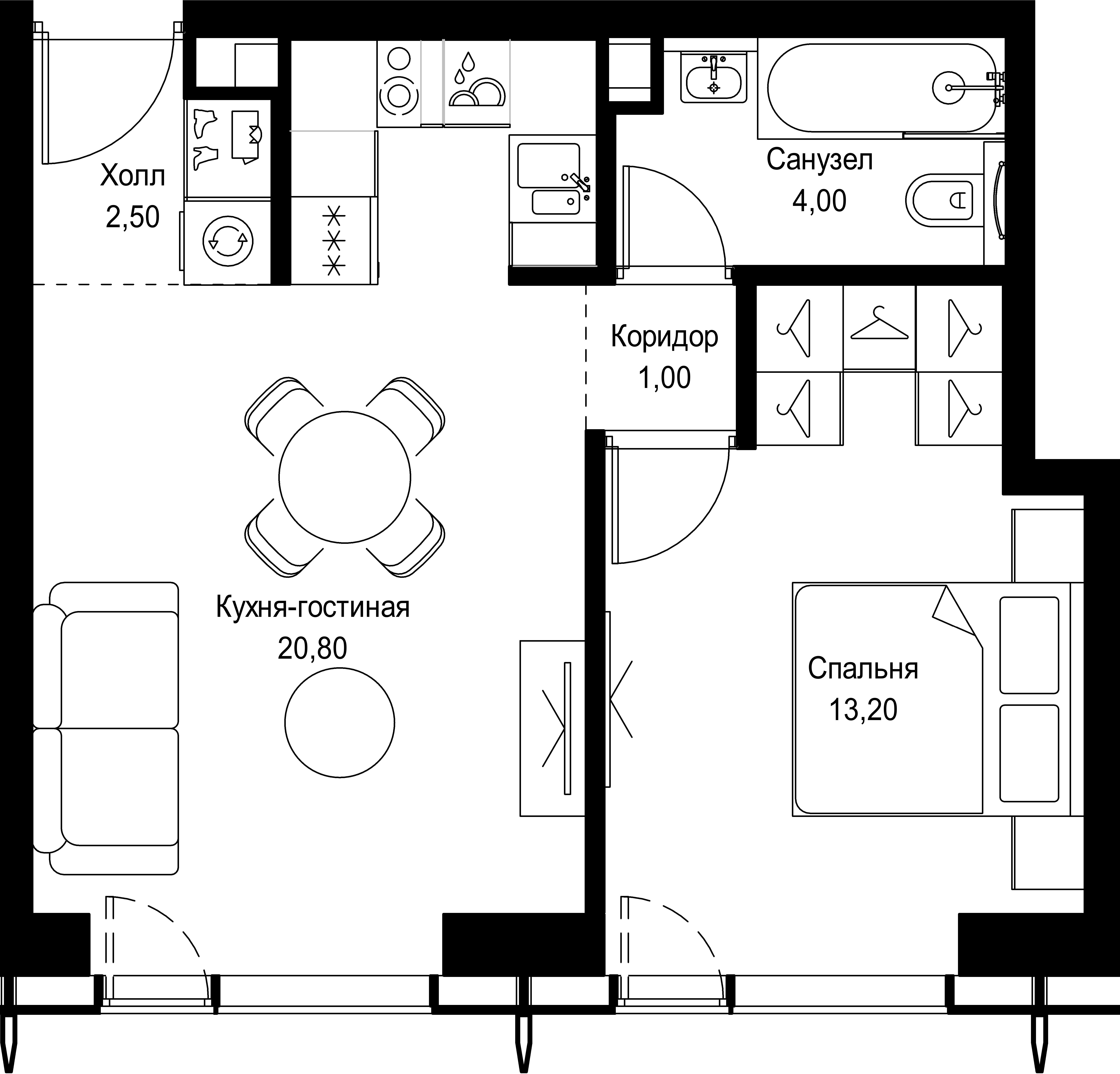 1 комн. квартира, 41.5 м², 27 этаж 