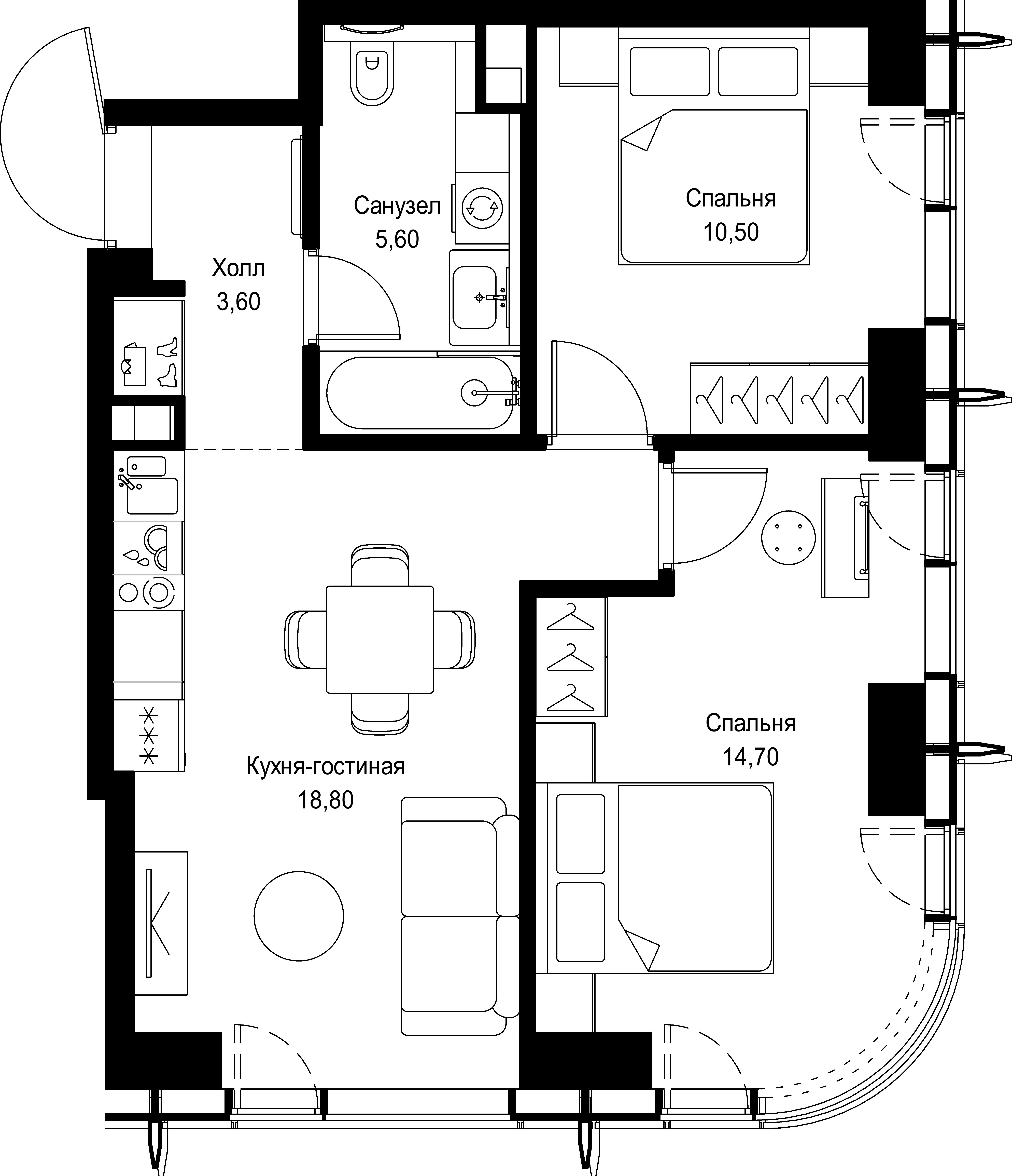2 комн. квартира, 53.2 м², 16 этаж 