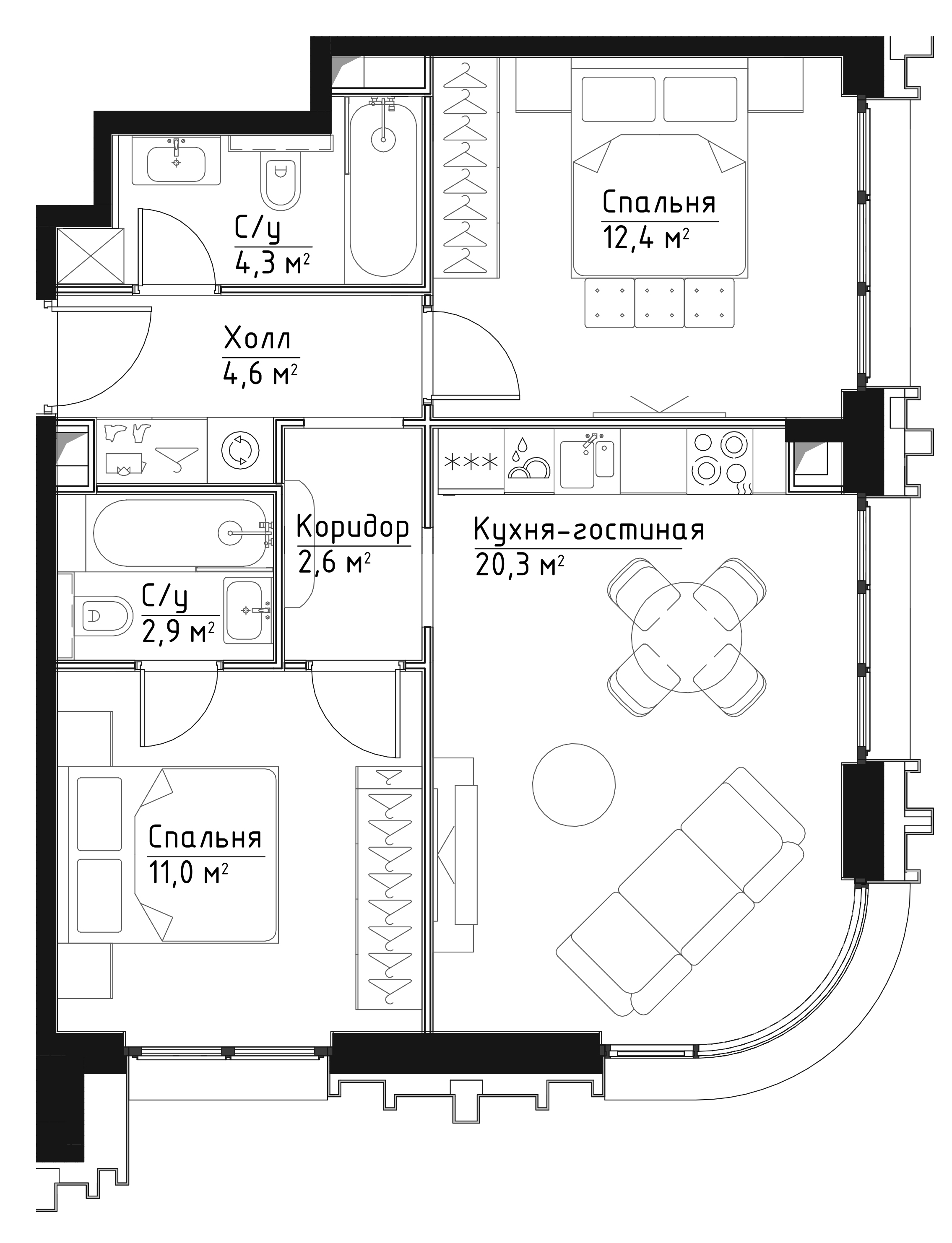 2 комн. квартира, 58.1 м², 36 этаж 