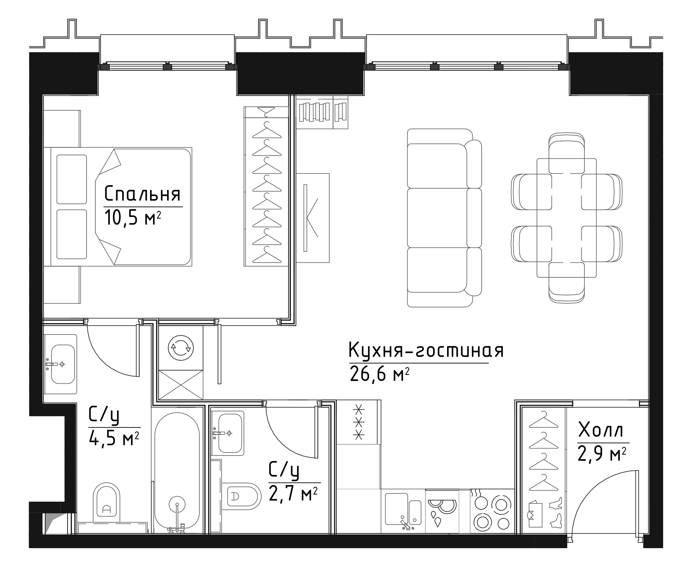 1 комн. квартира, 47.2 м², 3 этаж 
