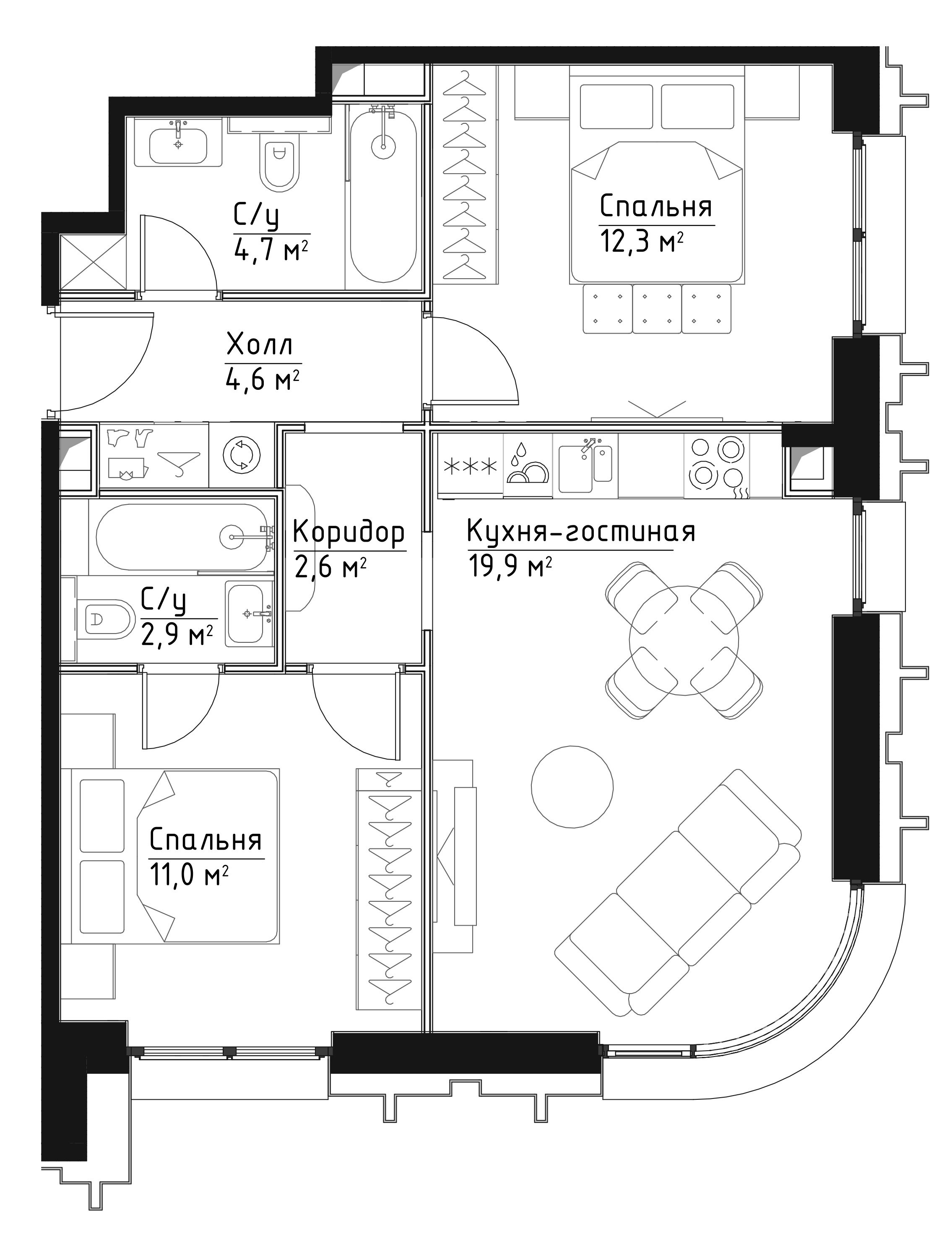 2 комн. квартира, 58 м², 18 этаж 
