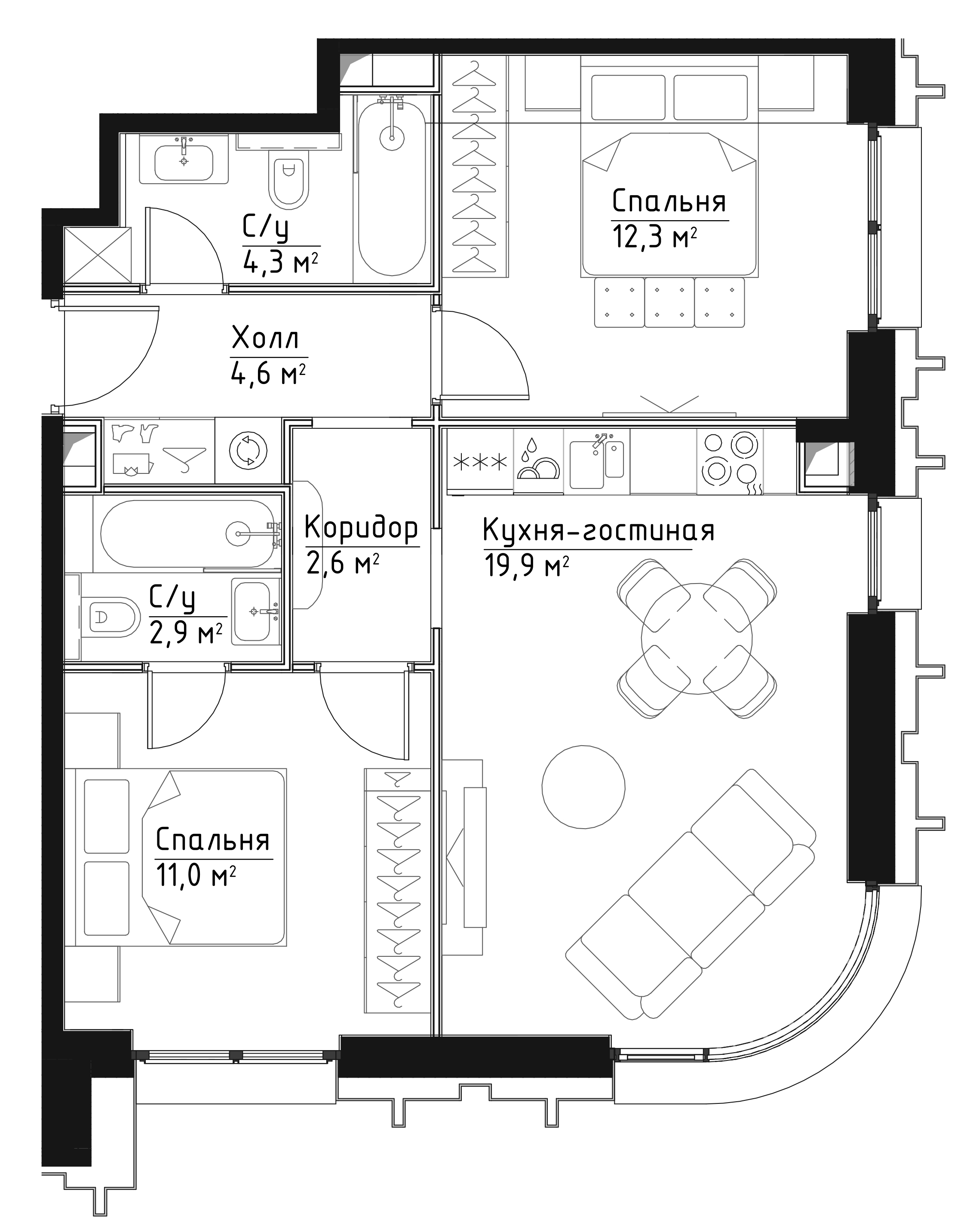 2 комн. квартира, 57.6 м², 31 этаж 