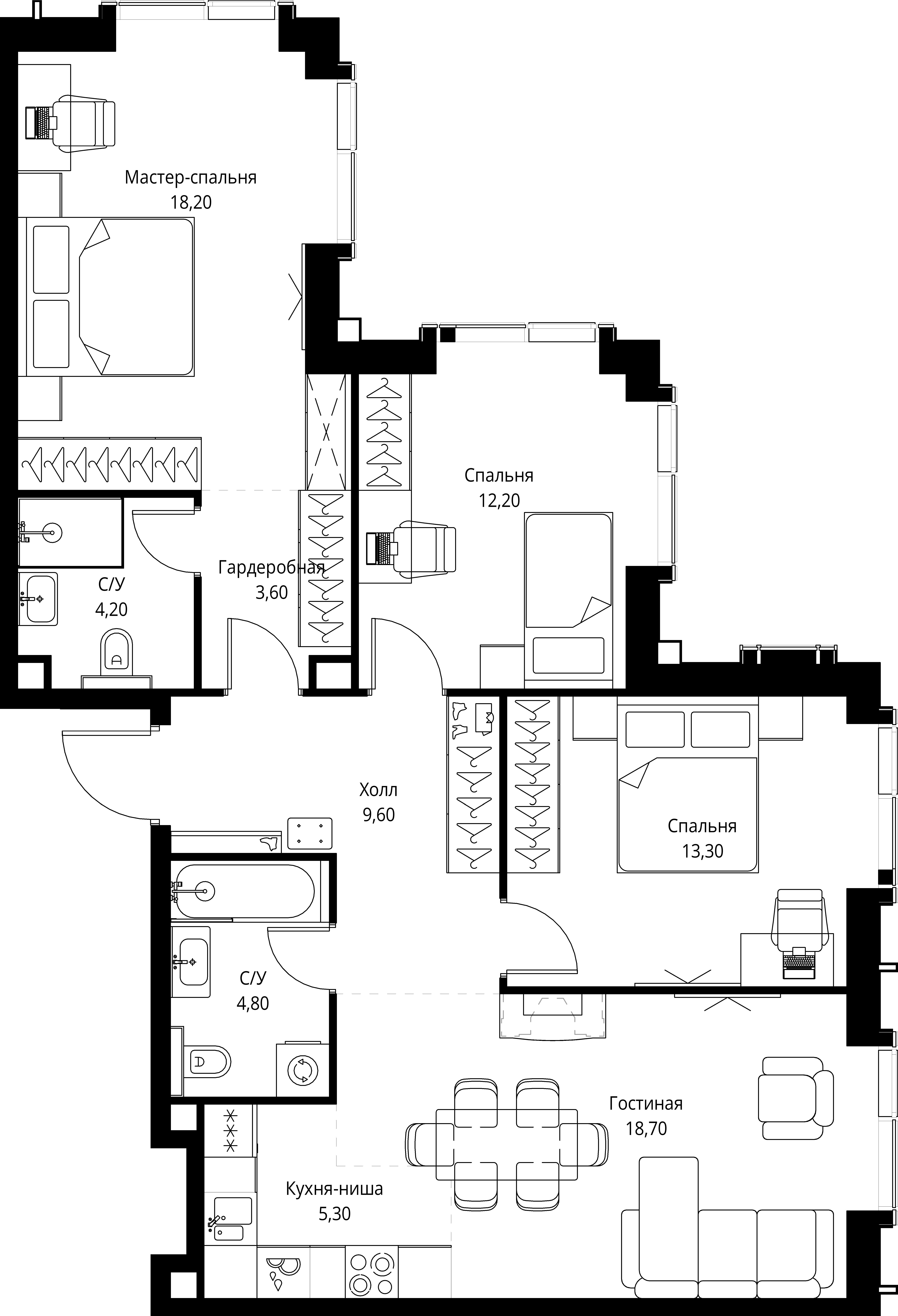 3 комн. квартира, 89.9 м², 20 этаж 