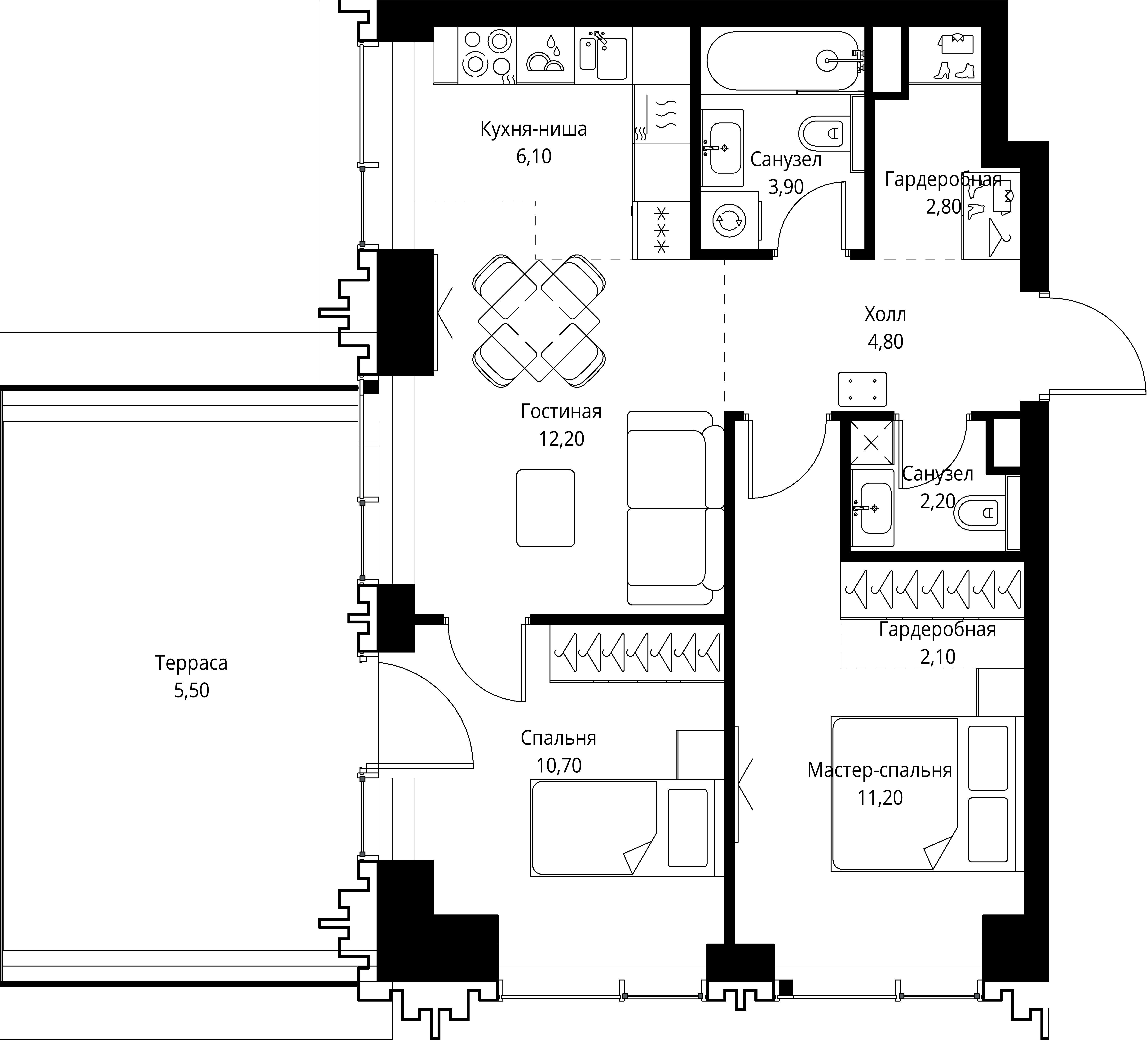 2 комн. квартира, 60.6 м², 2 этаж 
