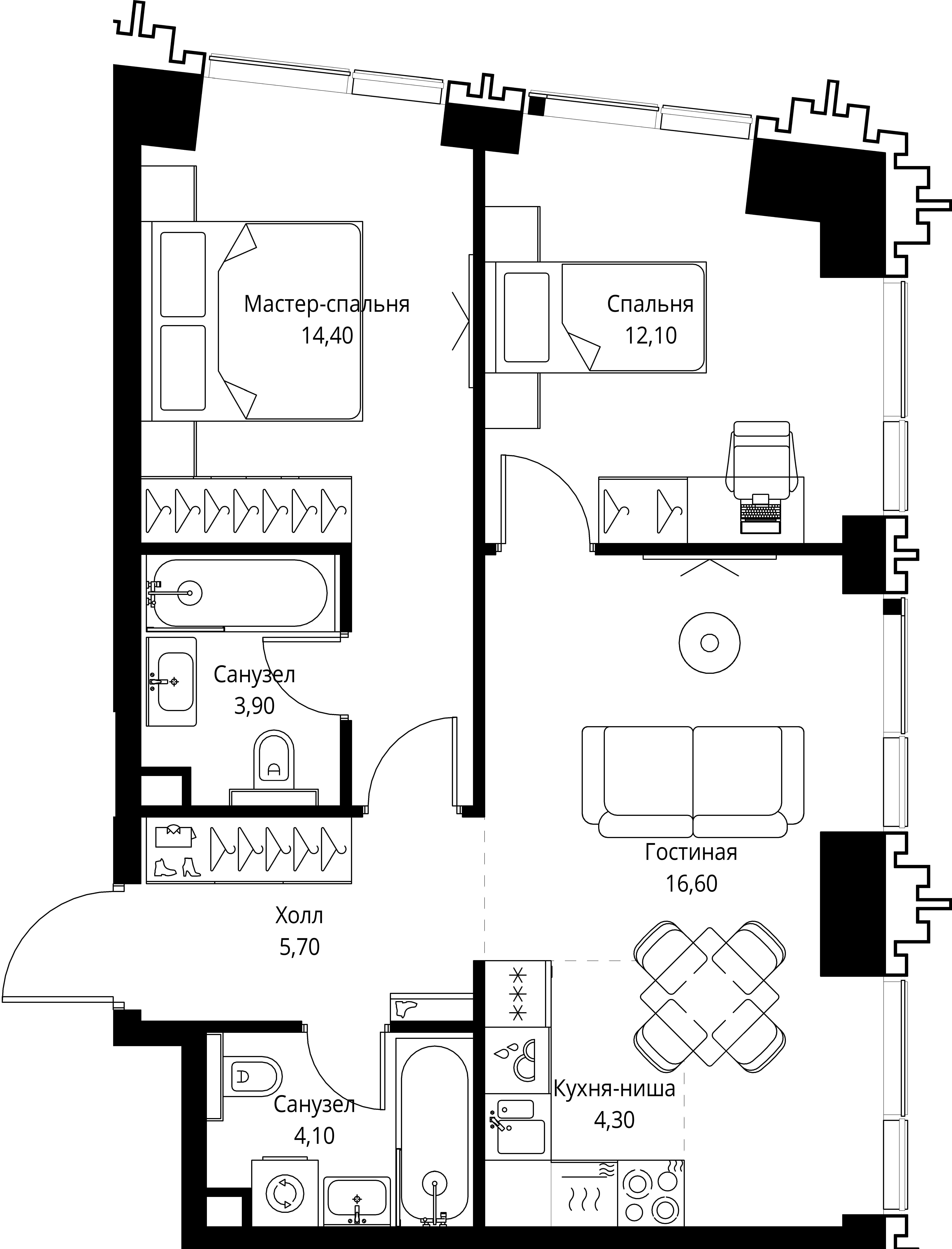 2 комн. квартира, 61.1 м², 10 этаж 