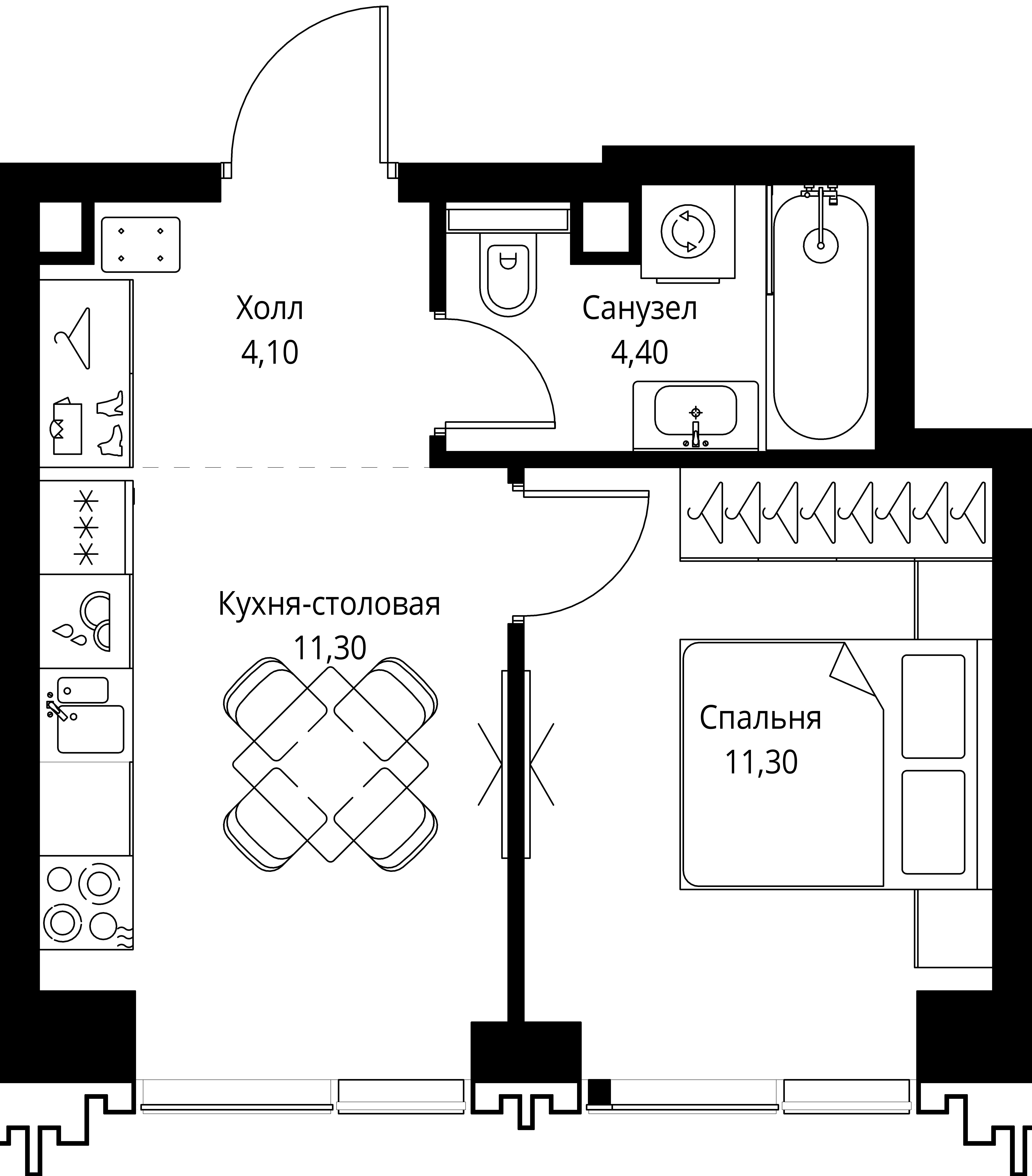 1 комн. квартира, 31.1 м², 26 этаж 