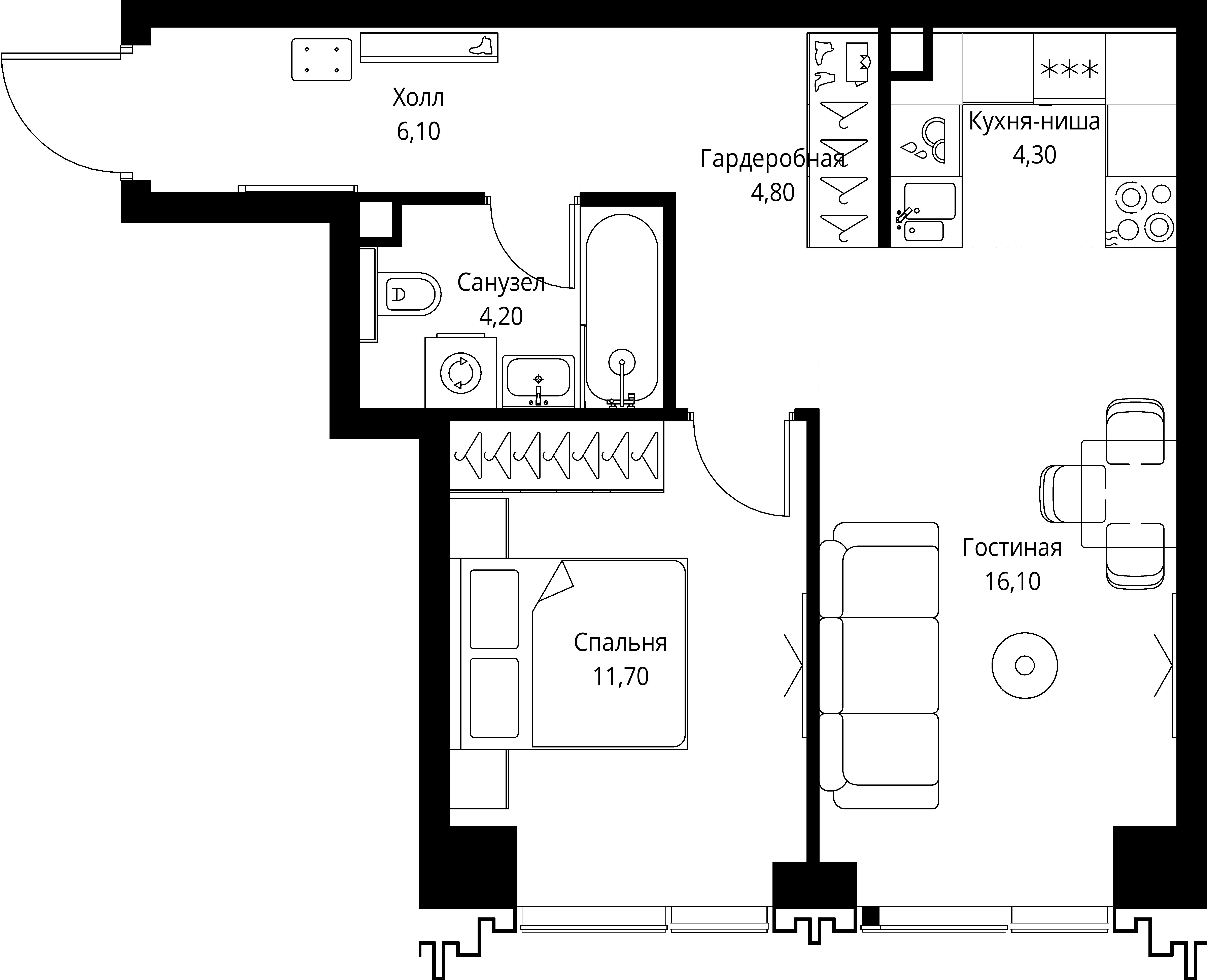 1 комн. квартира, 47.2 м², 21 этаж 