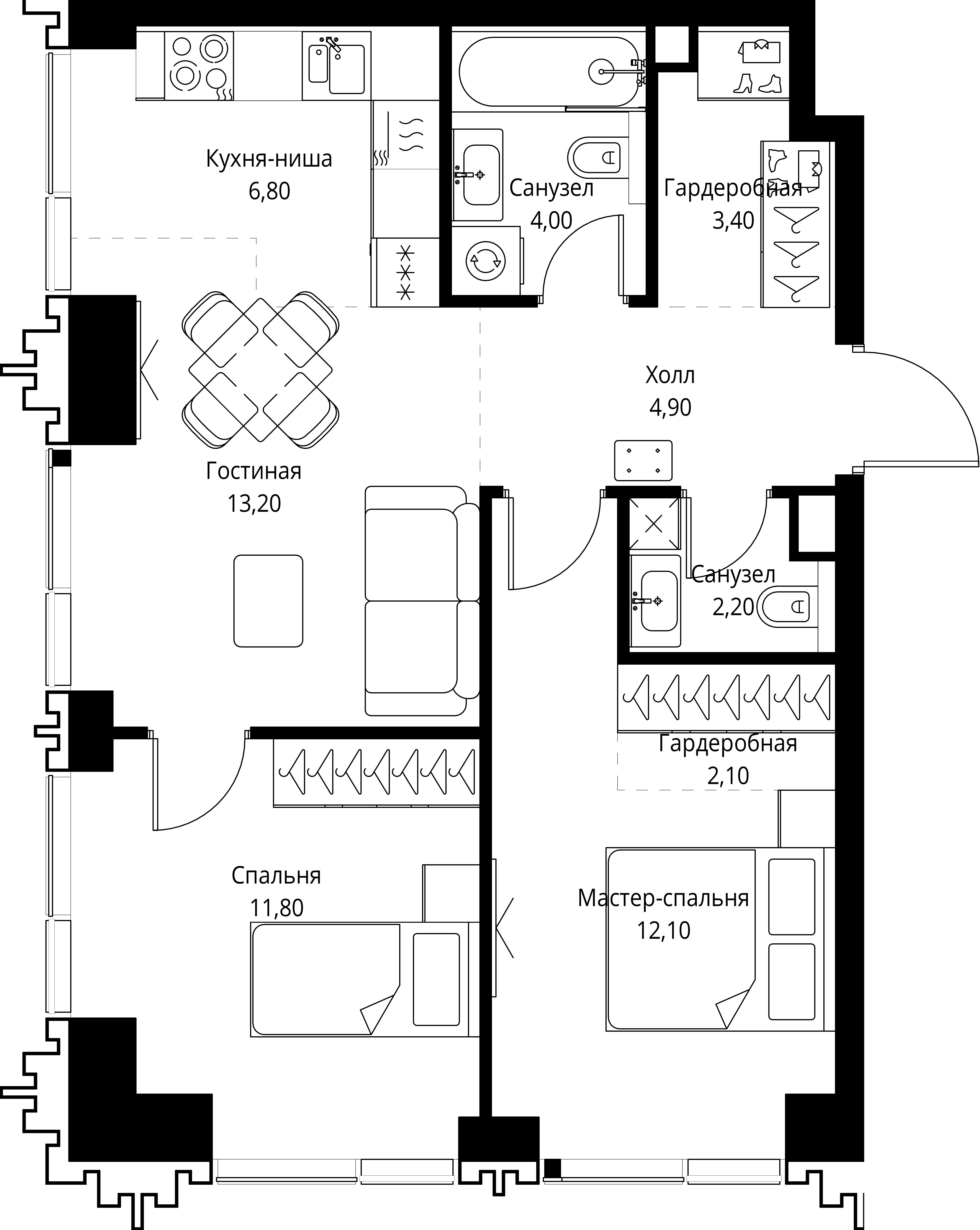 2 комн. квартира, 59.6 м², 35 этаж 