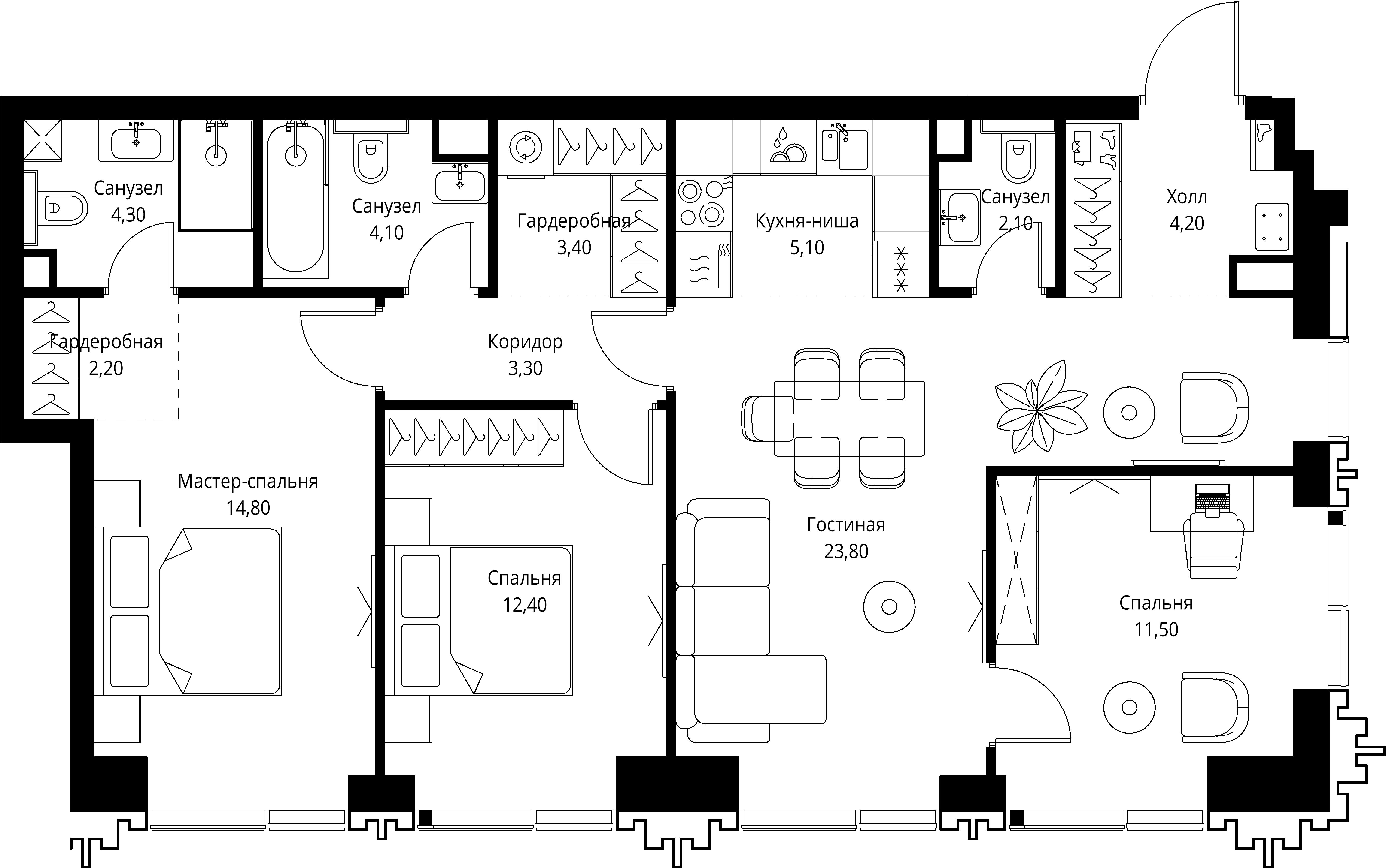 3 комн. квартира, 91.2 м², 42 этаж 