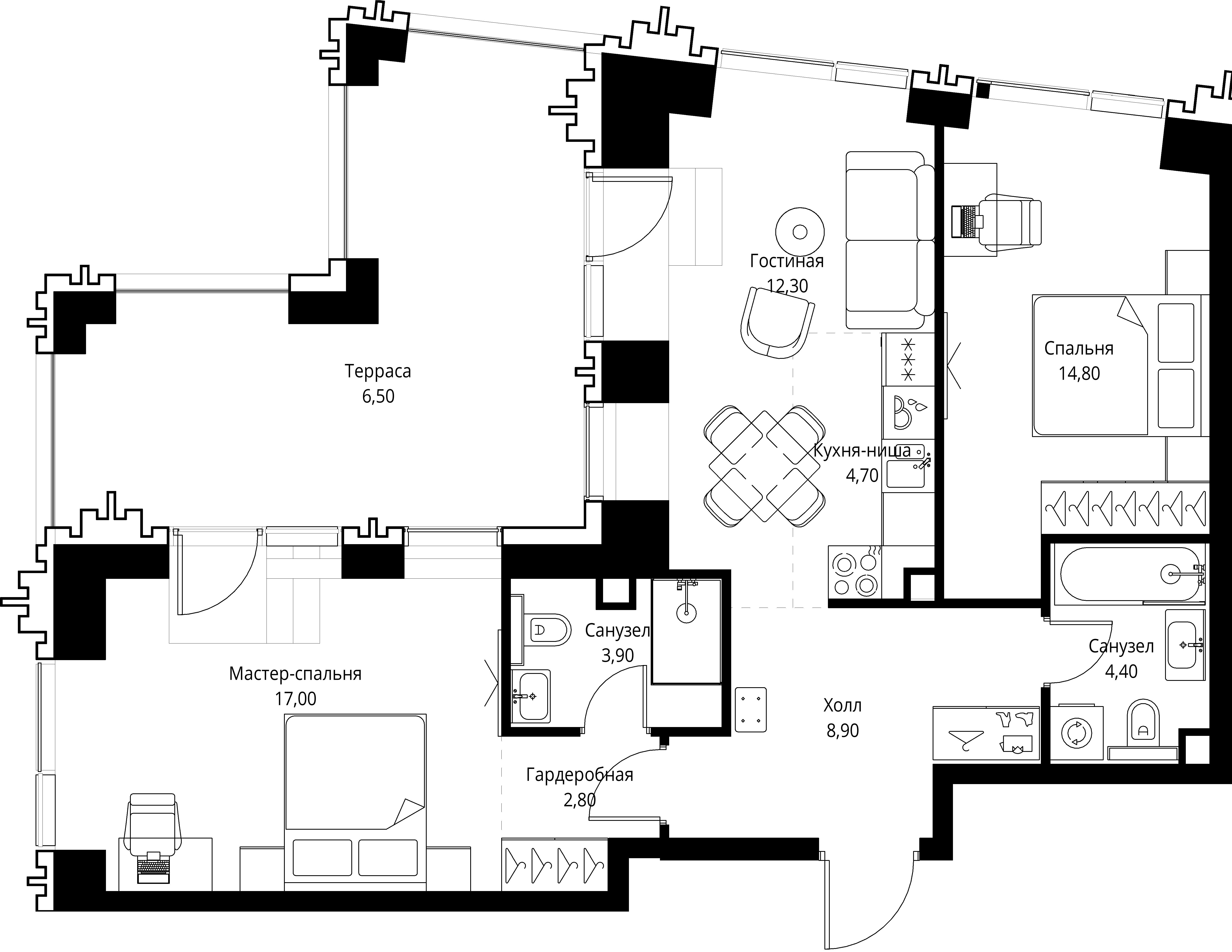 2 комн. квартира, 73.3 м², 39 этаж 