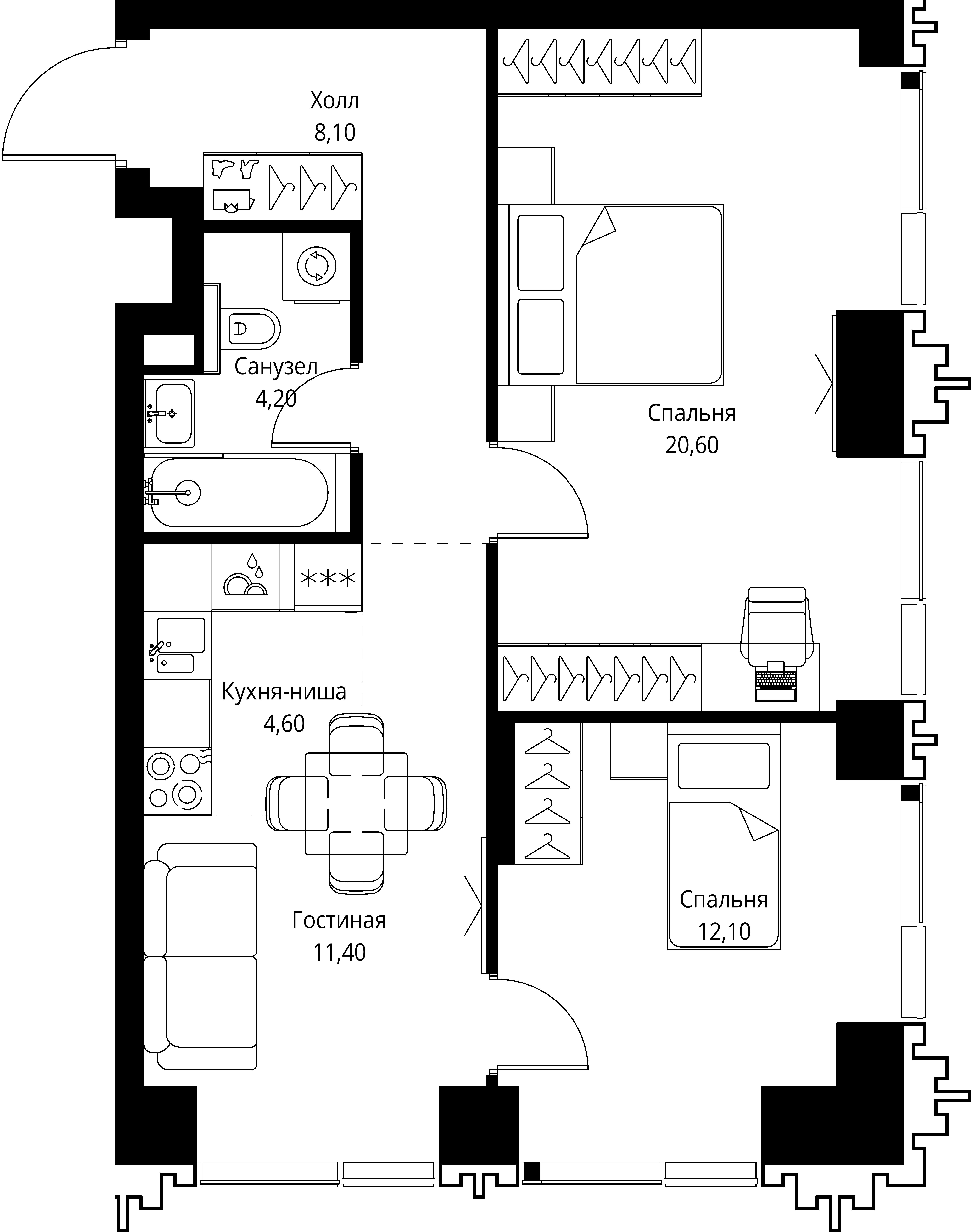 2 комн. квартира, 61 м², 6 этаж 