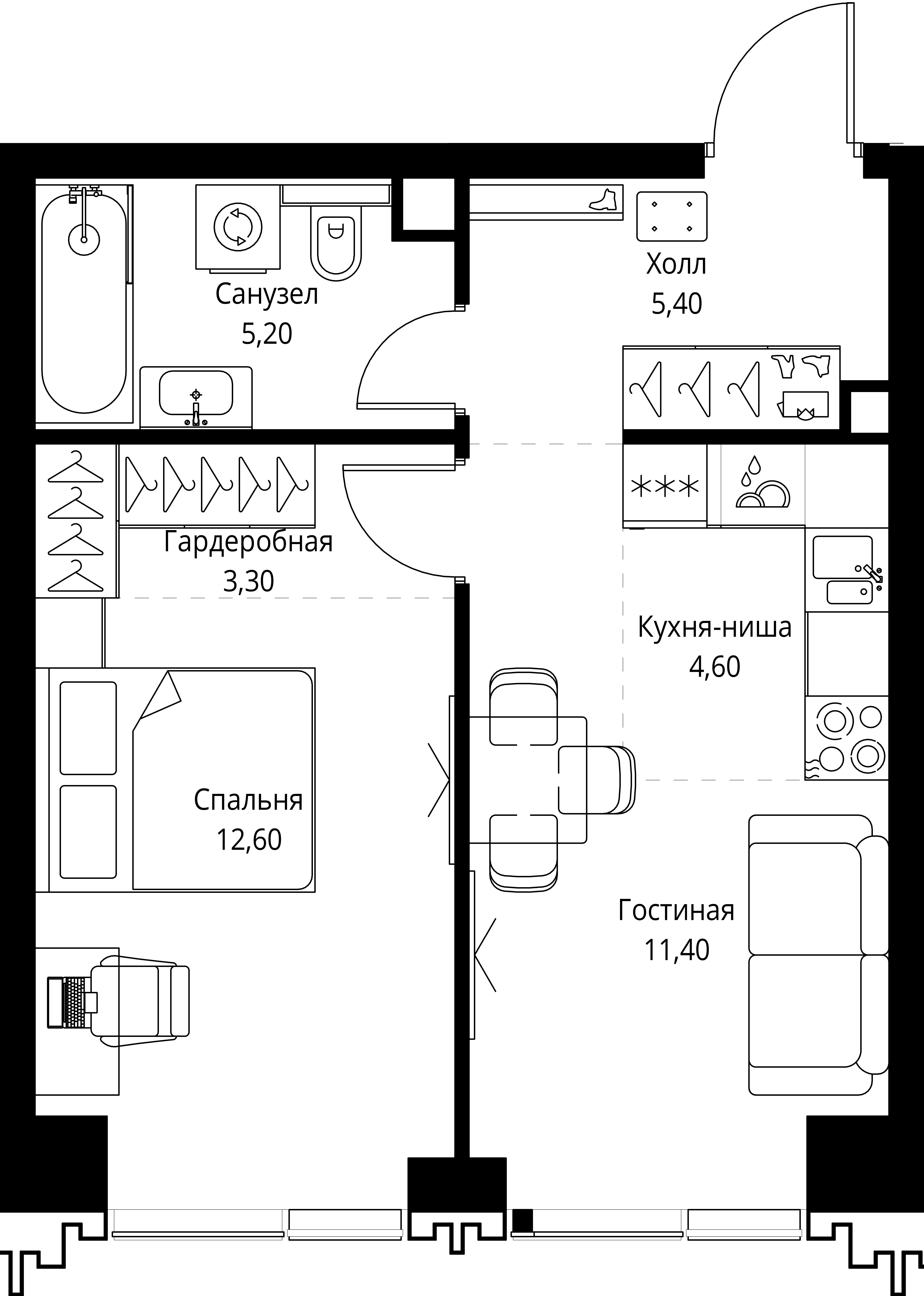 1 комн. квартира, 42.5 м², 22 этаж 