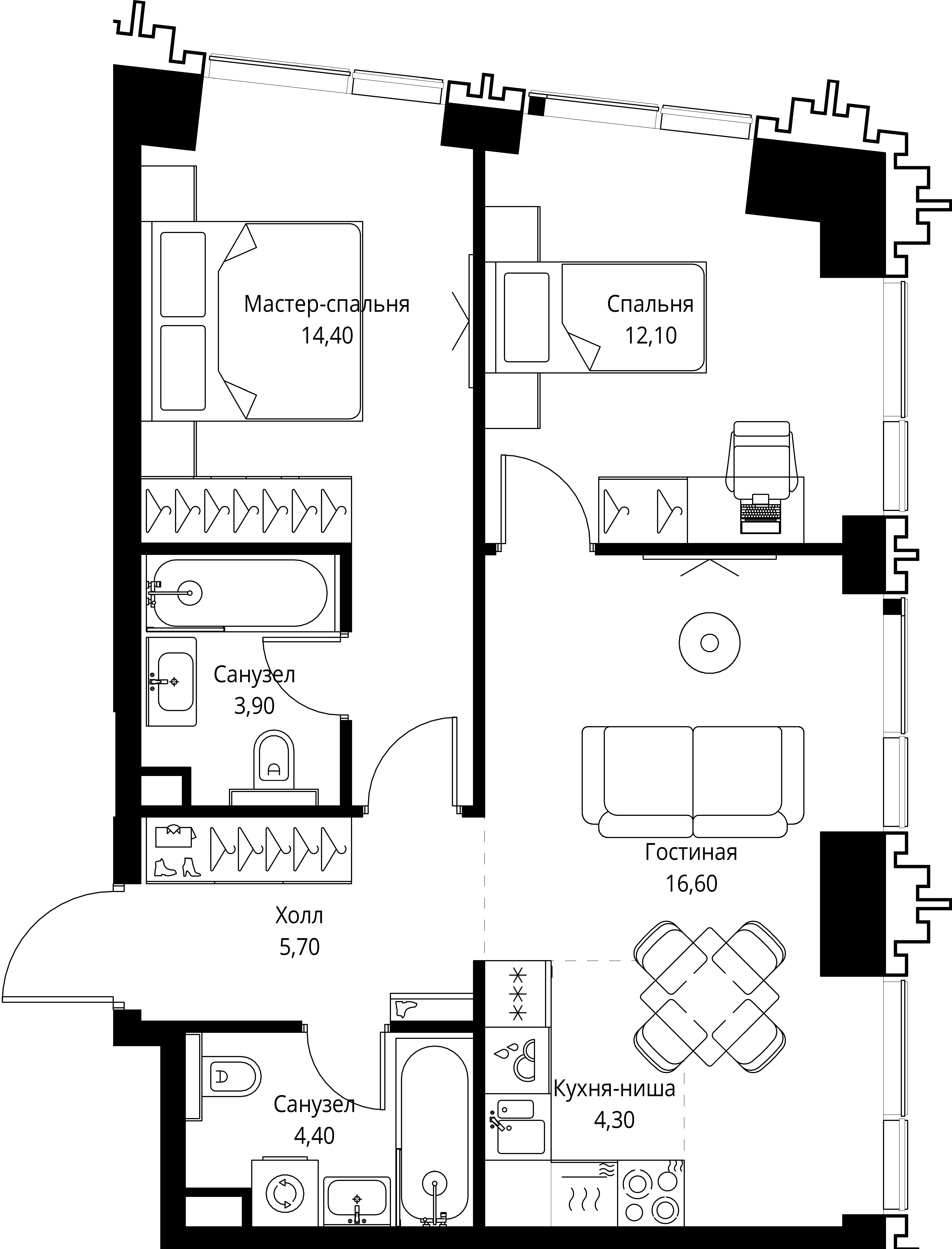 2 комн. квартира, 61.4 м², 22 этаж 