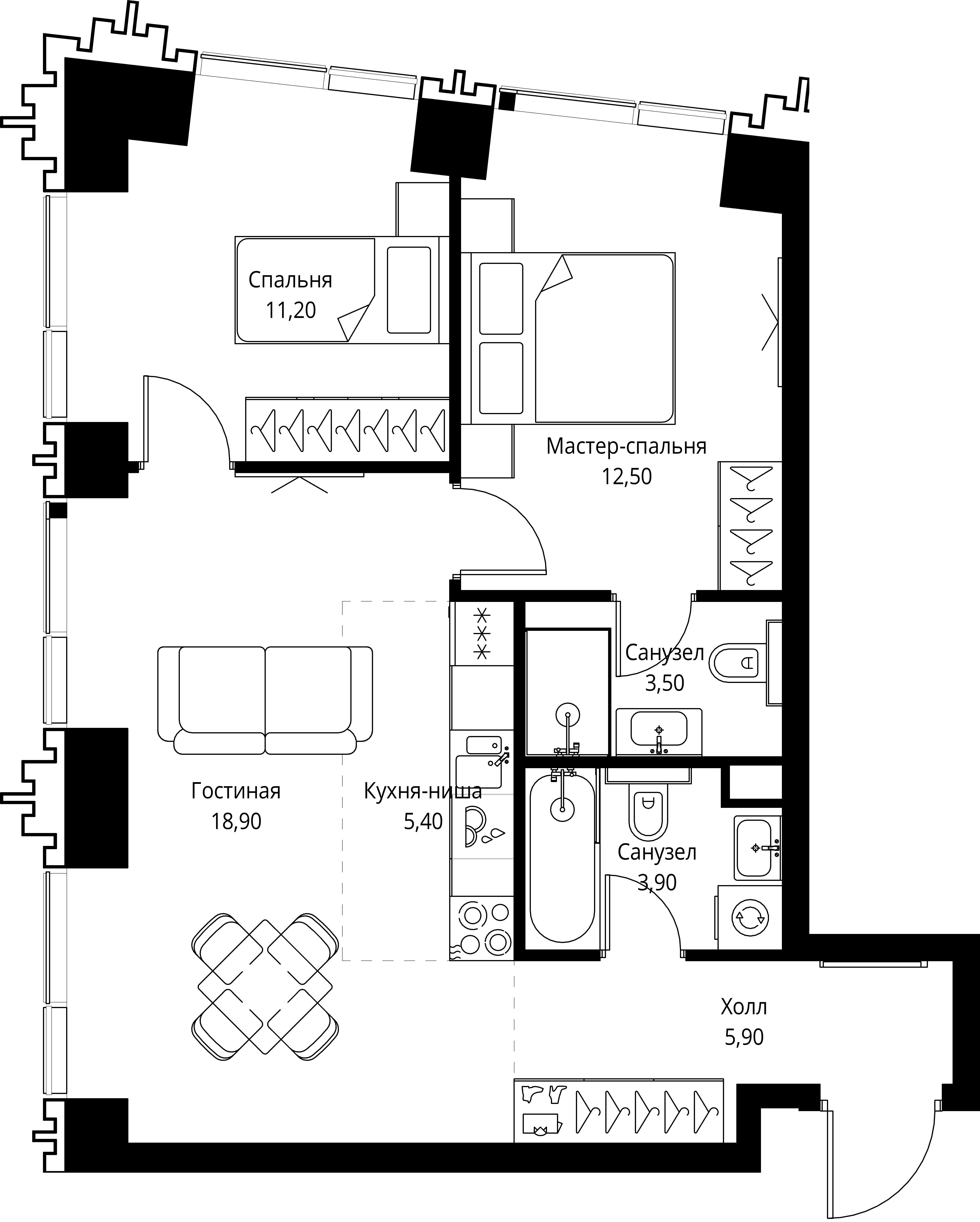 2 комн. квартира, 60.8 м², 6 этаж 