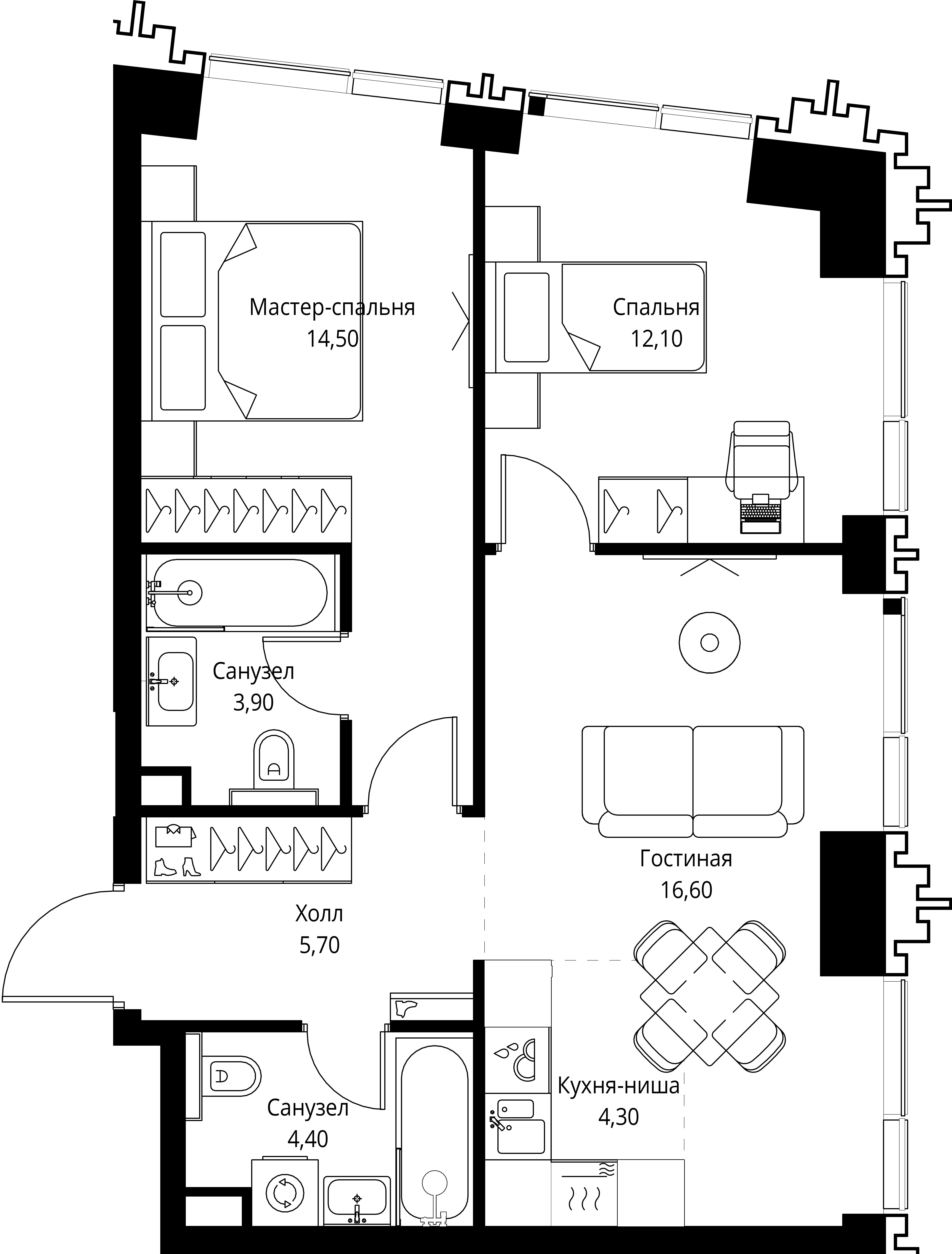 2 комн. квартира, 61.5 м², 28 этаж 