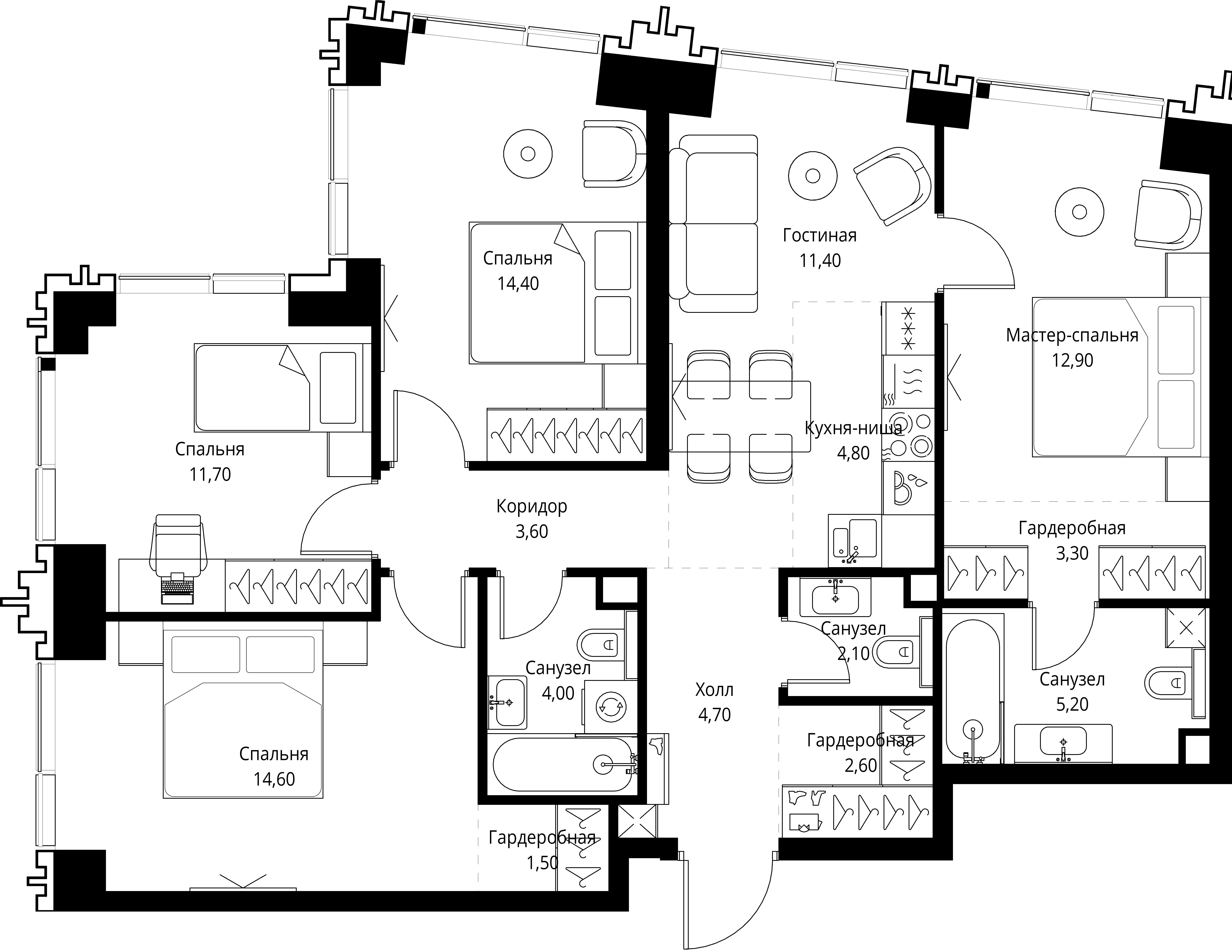 4 комн. квартира, 96.1 м², 30 этаж 