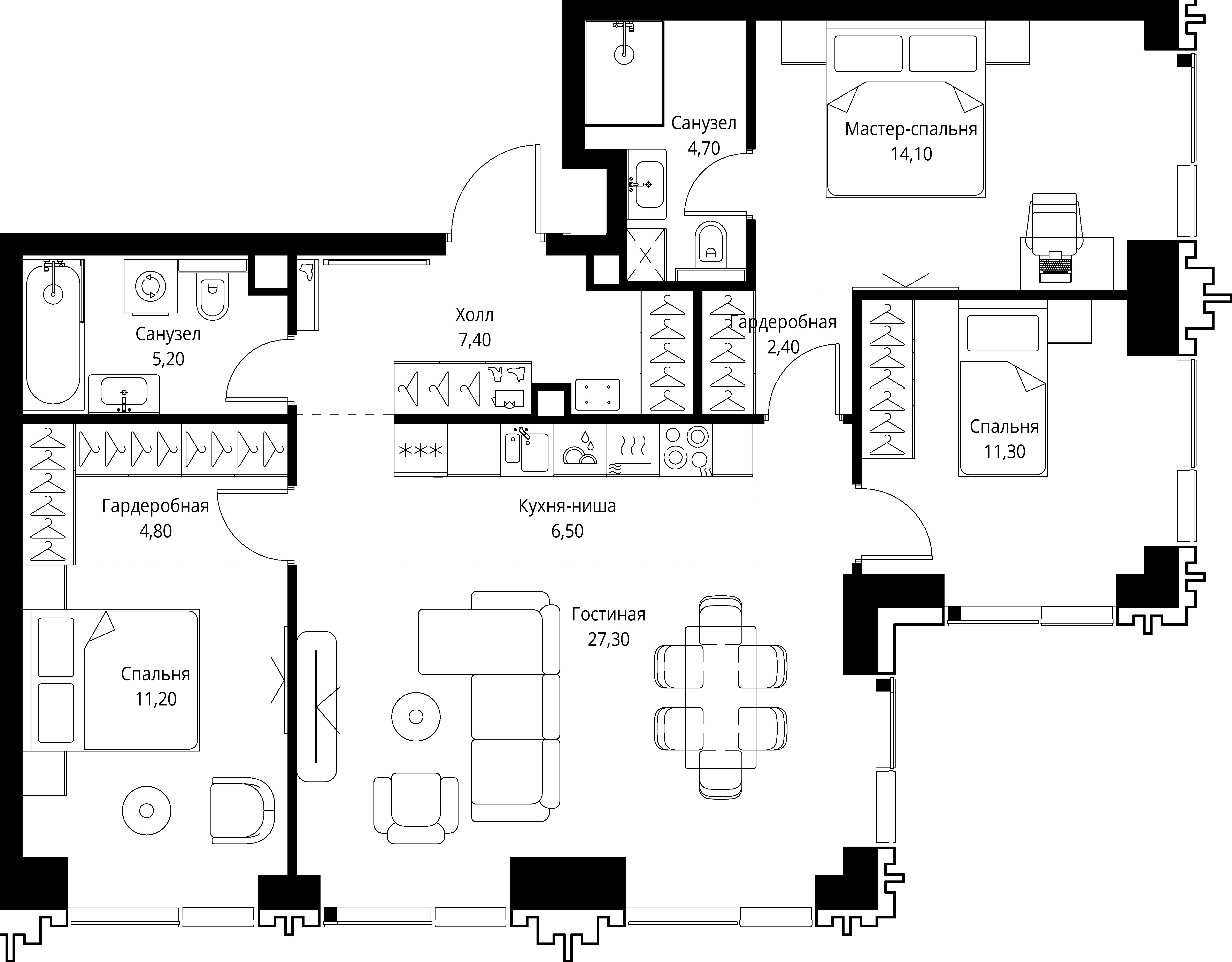 3 комн. квартира, 94.9 м², 25 этаж 