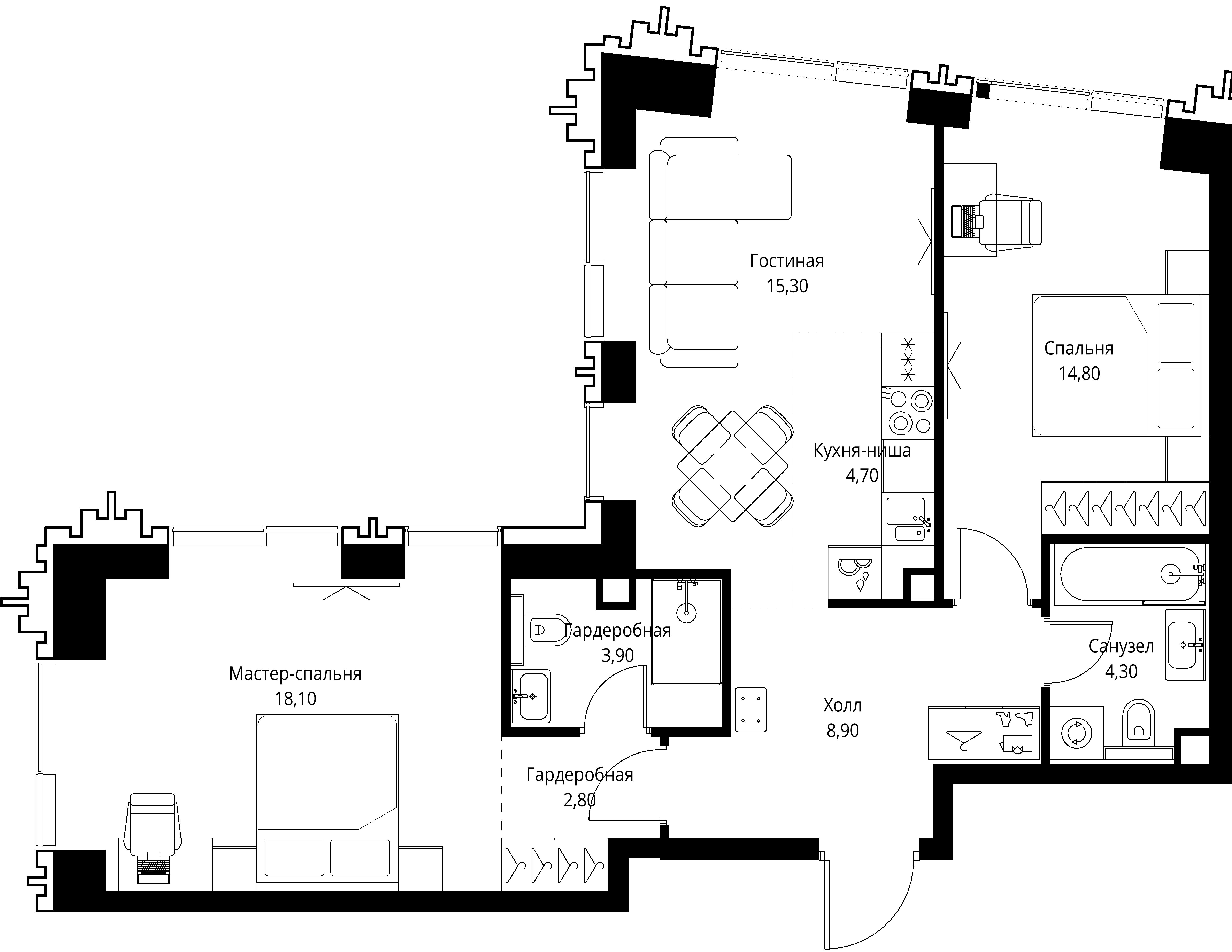 2 комн. квартира, 71 м², 44 этаж 