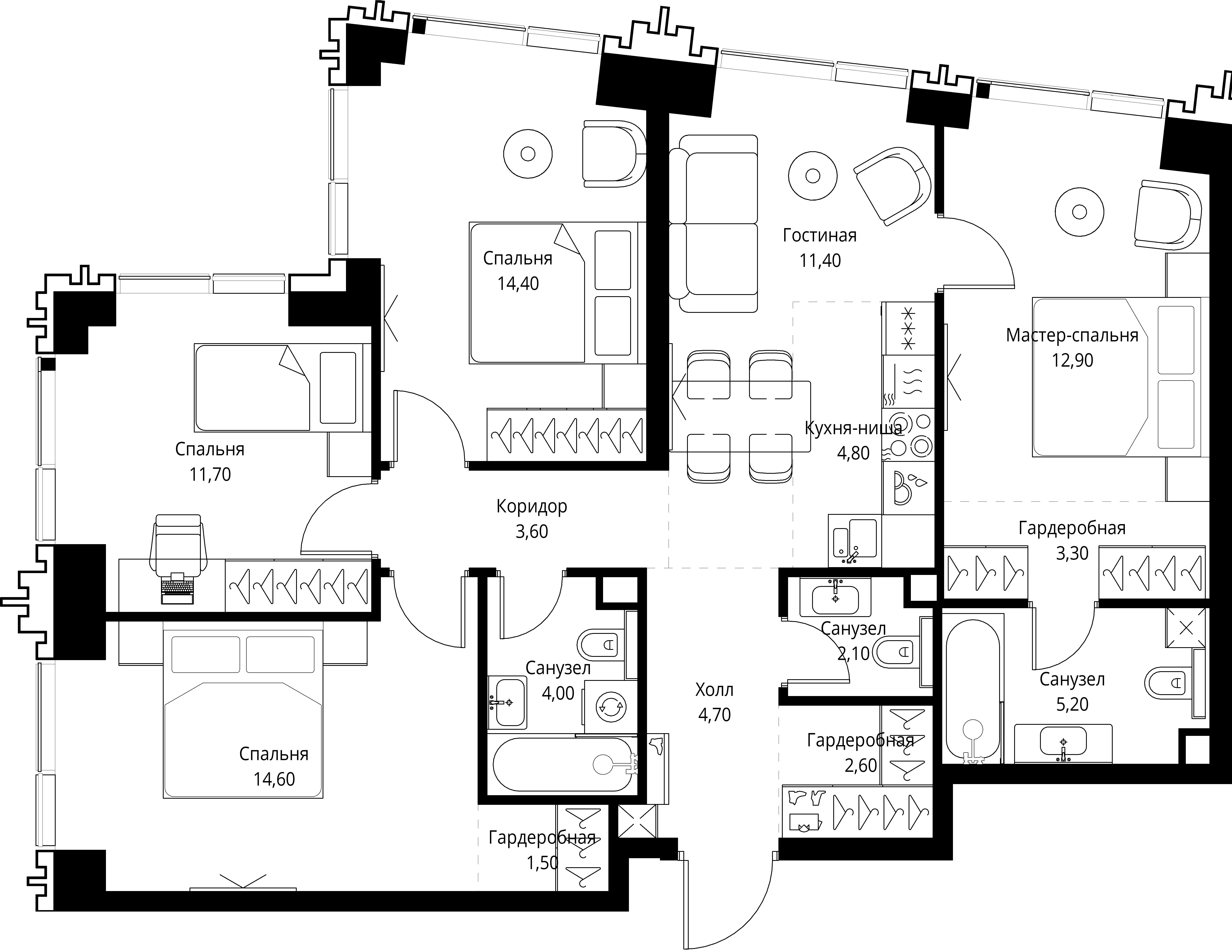 4 комн. квартира, 95 м², 33 этаж 