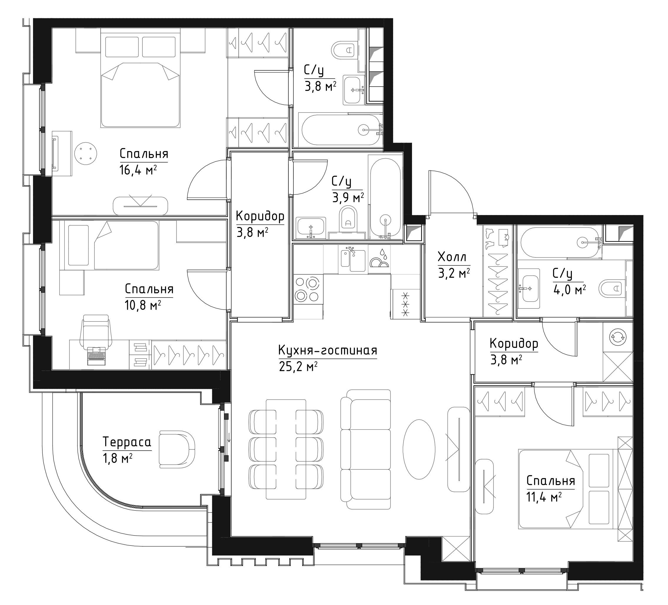 3 комн. квартира, 86.2 м², 28 этаж 