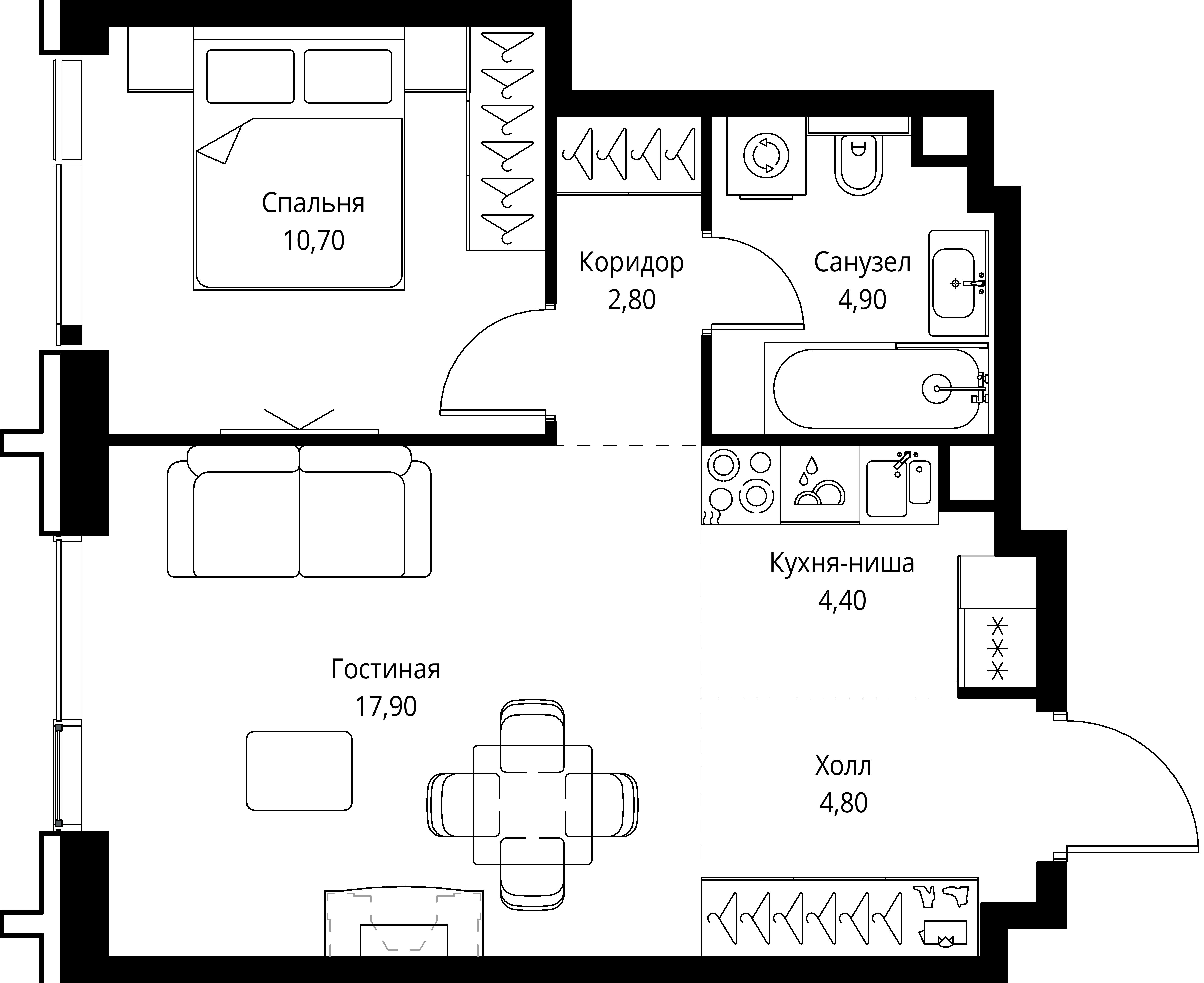 1 комн. квартира, 45.6 м², 27 этаж 