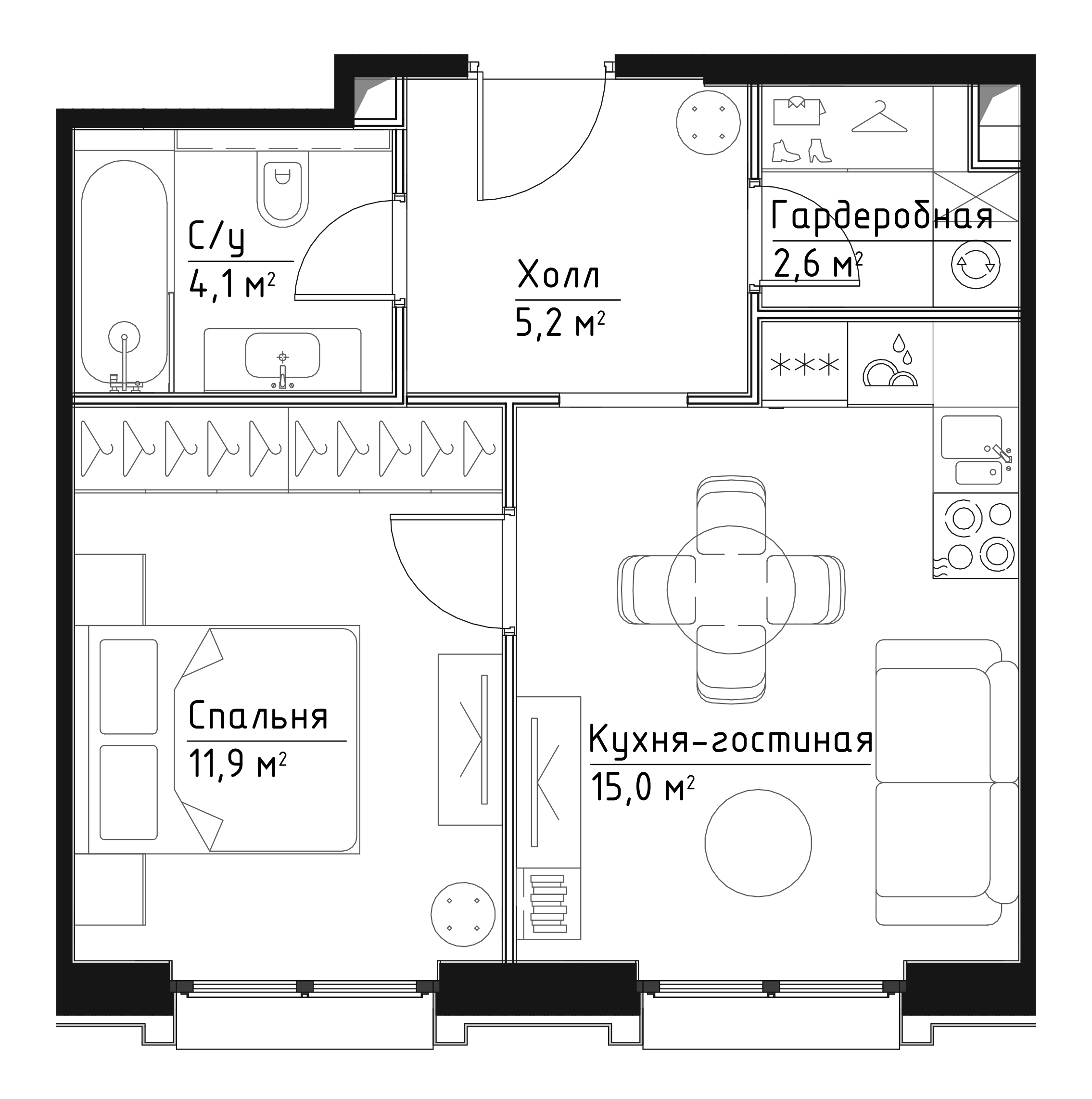 1 комн. квартира, 38.8 м², 12 этаж 