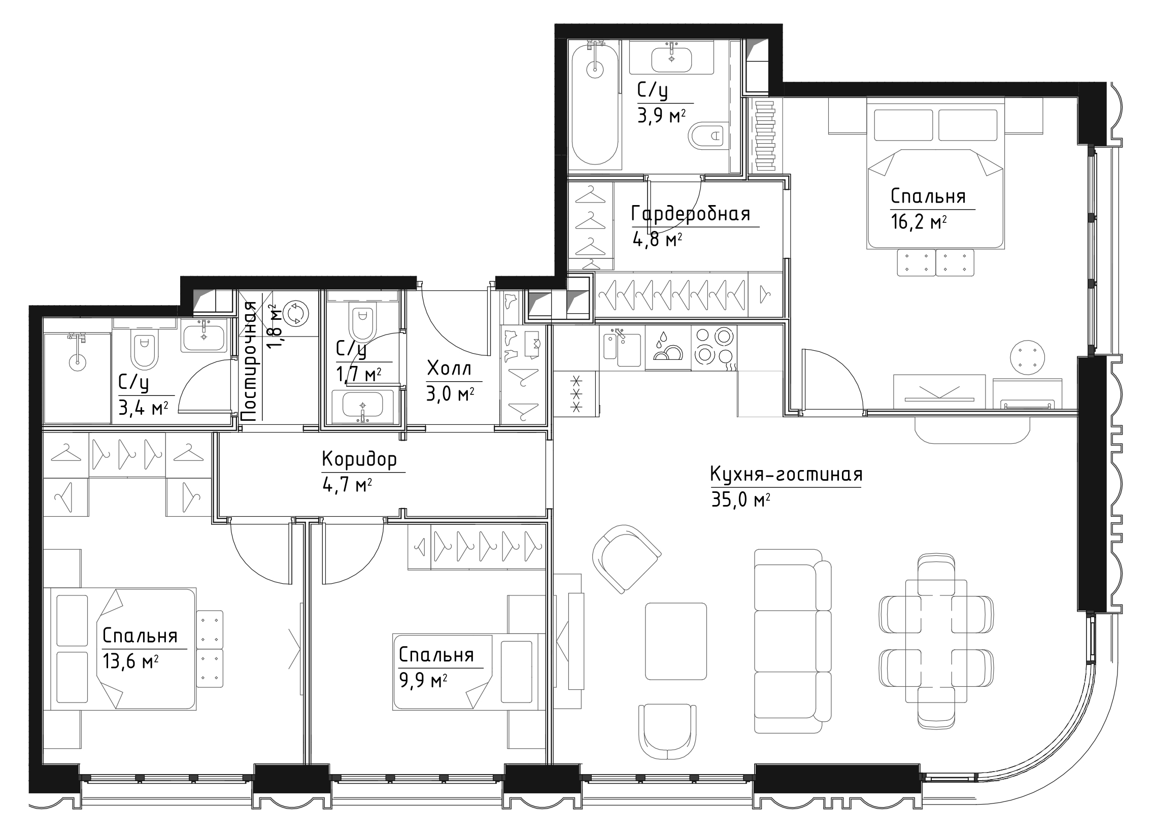 3 комн. квартира, 98 м², 26 этаж 