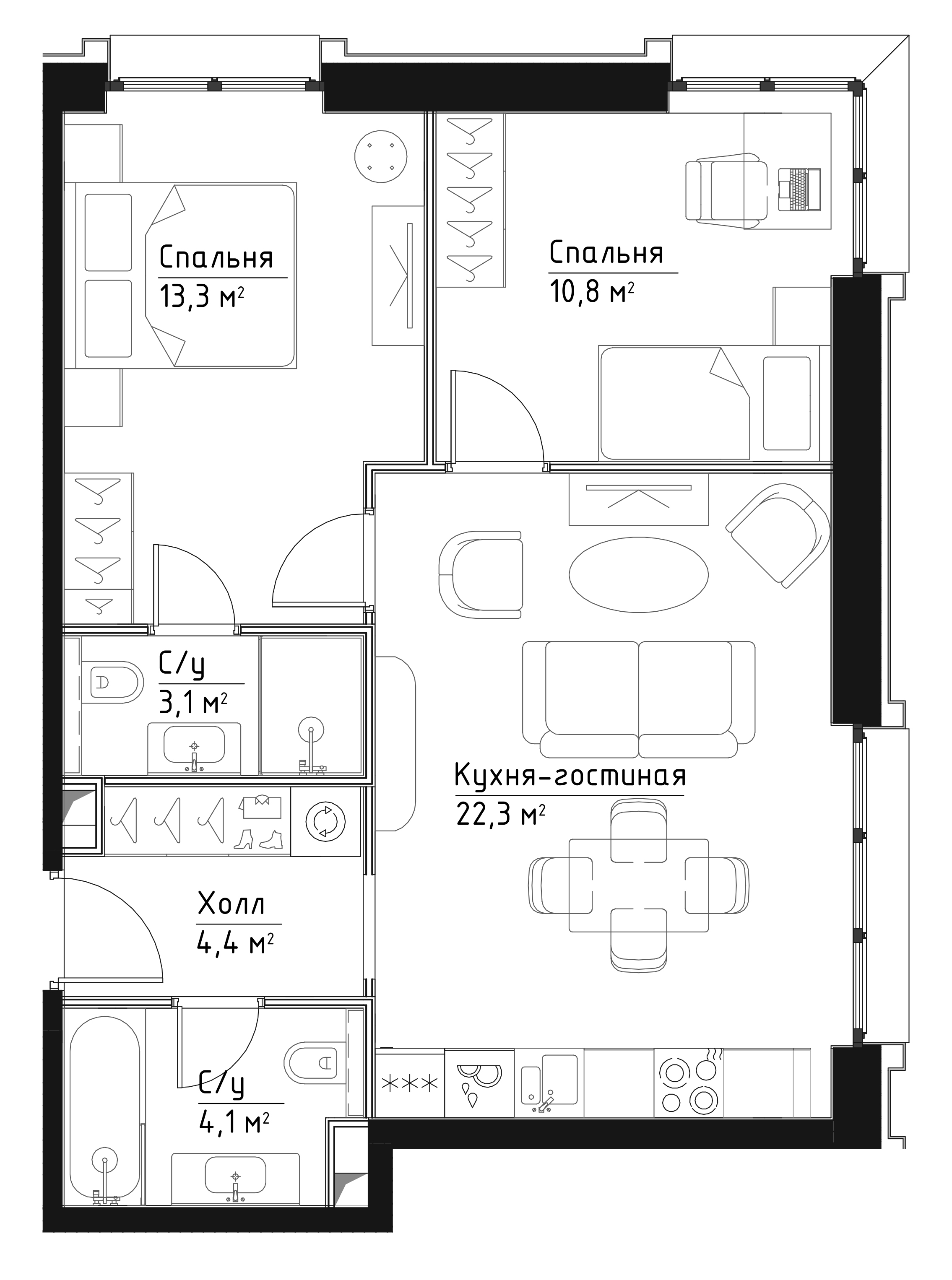 2 комн. квартира, 58 м², 4 этаж 