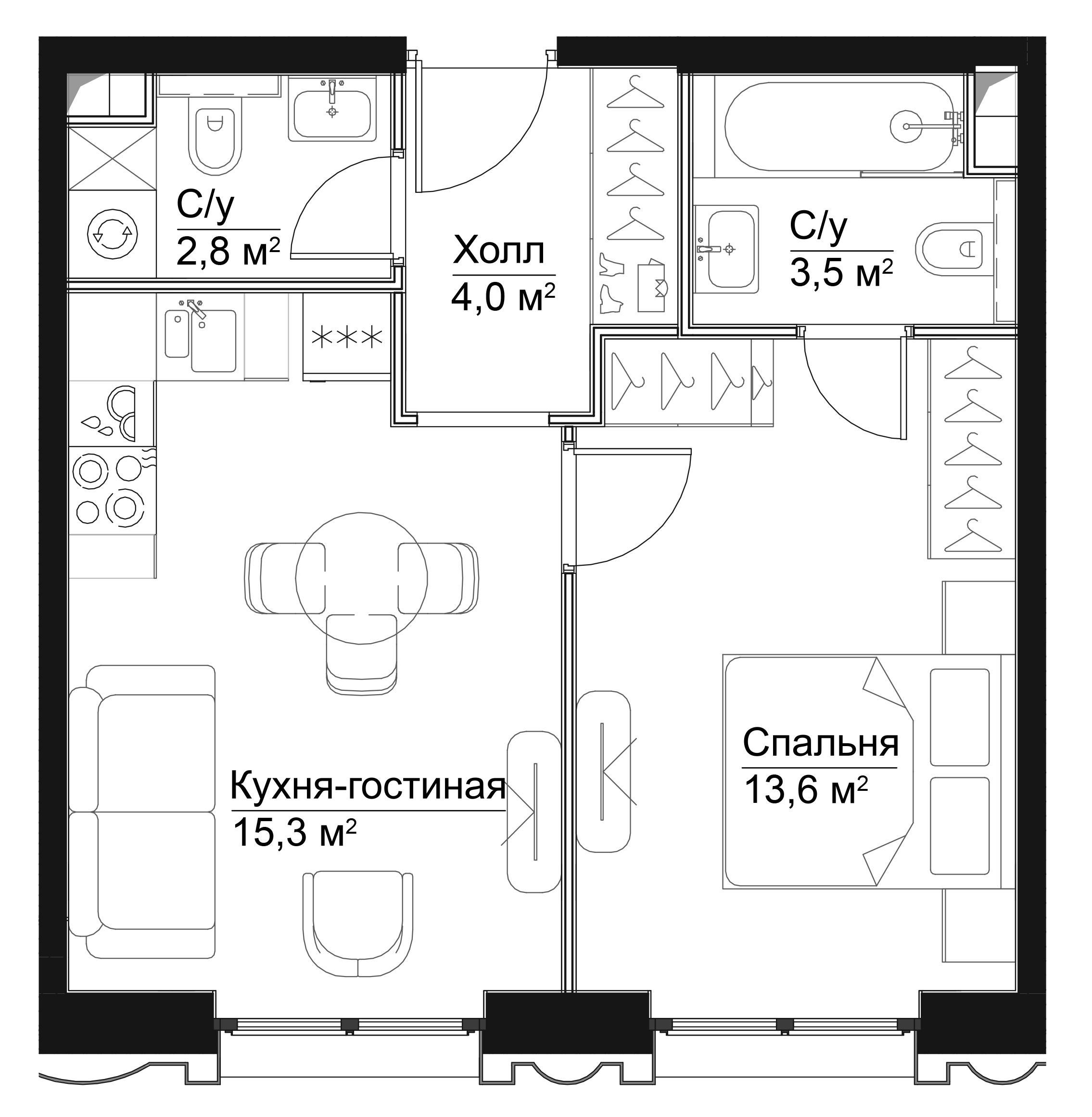 1 комн. квартира, 39 м², 21 этаж 