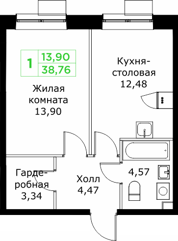 1 комн. квартира, 38.8 м², 7 этаж 