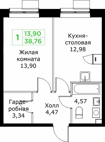 1 комн. квартира, 38.8 м², 10 этаж 
