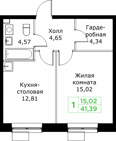 1 комн. квартира, 41.4 м², 18 этаж 