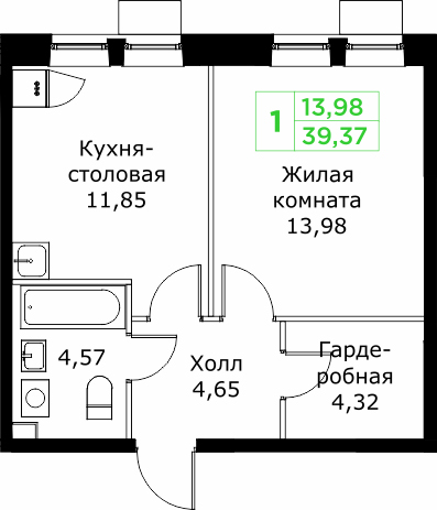 1 комн. квартира, 39.4 м², 23 этаж 