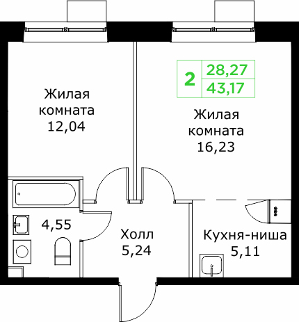 2 комн. квартира, 43.2 м², 13 этаж 