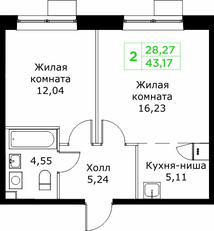 2 комн. квартира, 43.2 м², 14 этаж 