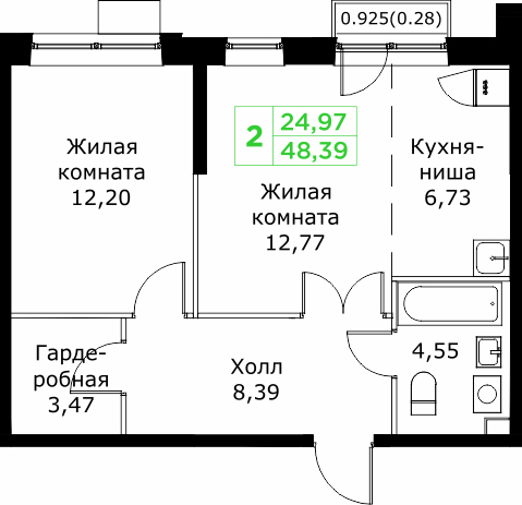 2 комн. квартира, 48.4 м², 13 этаж 