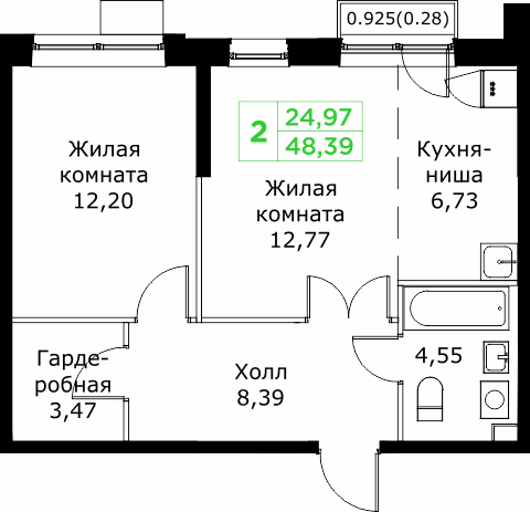 2 комн. квартира, 48.4 м², 14 этаж 