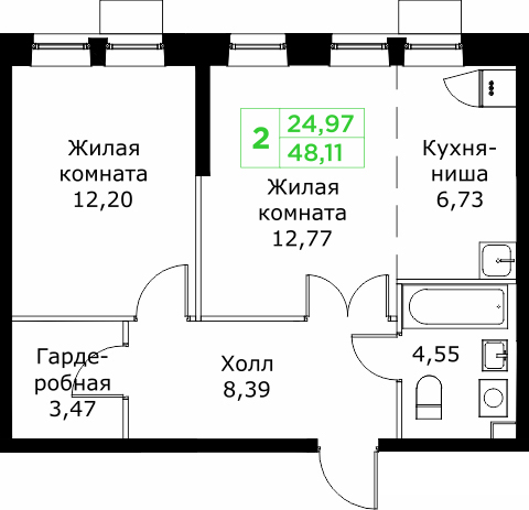 2 комн. квартира, 48.1 м², 24 этаж 