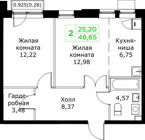 2 комн. квартира, 48.6 м², 24 этаж 
