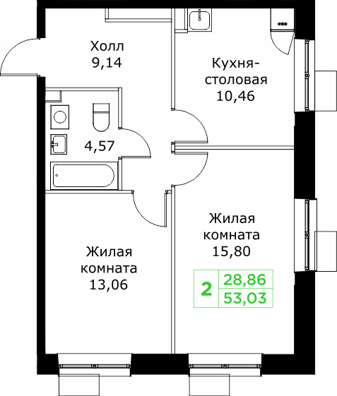 2 комн. квартира, 53 м², 14 этаж 