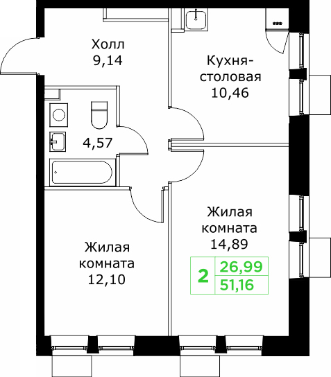 2 комн. квартира, 51.2 м², 23 этаж 