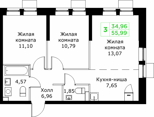 3 комн. квартира, 56 м², 22 этаж 