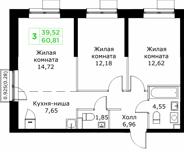 3 комн. квартира, 60.8 м², 23 этаж 