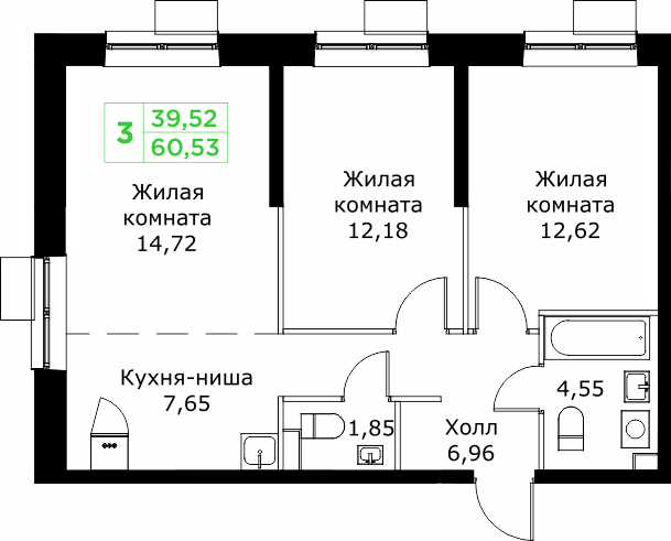 3 комн. квартира, 60.5 м², 25 этаж 