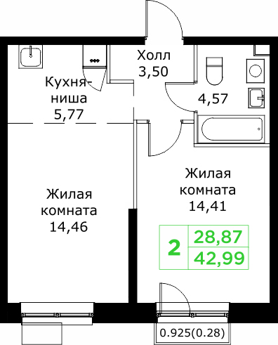 2 комн. квартира, 43 м², 25 этаж 
