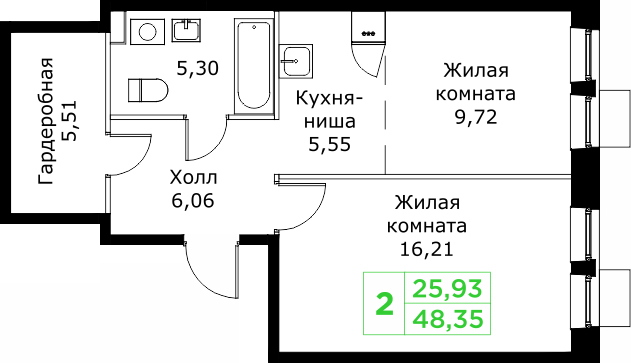 2 комн. квартира, 48.4 м², 22 этаж 