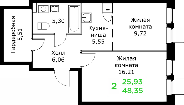 2 комн. квартира, 48.4 м², 23 этаж 