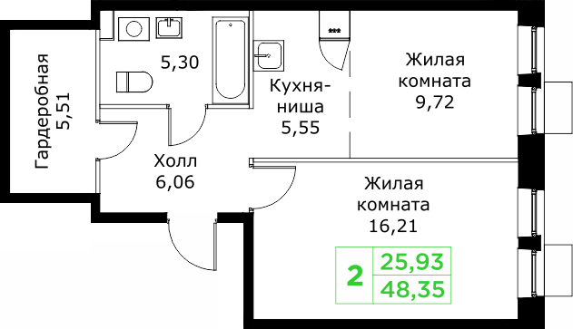 2 комн. квартира, 48.4 м², 25 этаж 