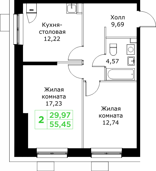 2 комн. квартира, 56.5 м², 4 этаж 