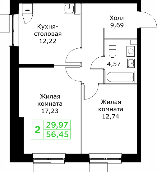 2 комн. квартира, 56.5 м², 14 этаж 